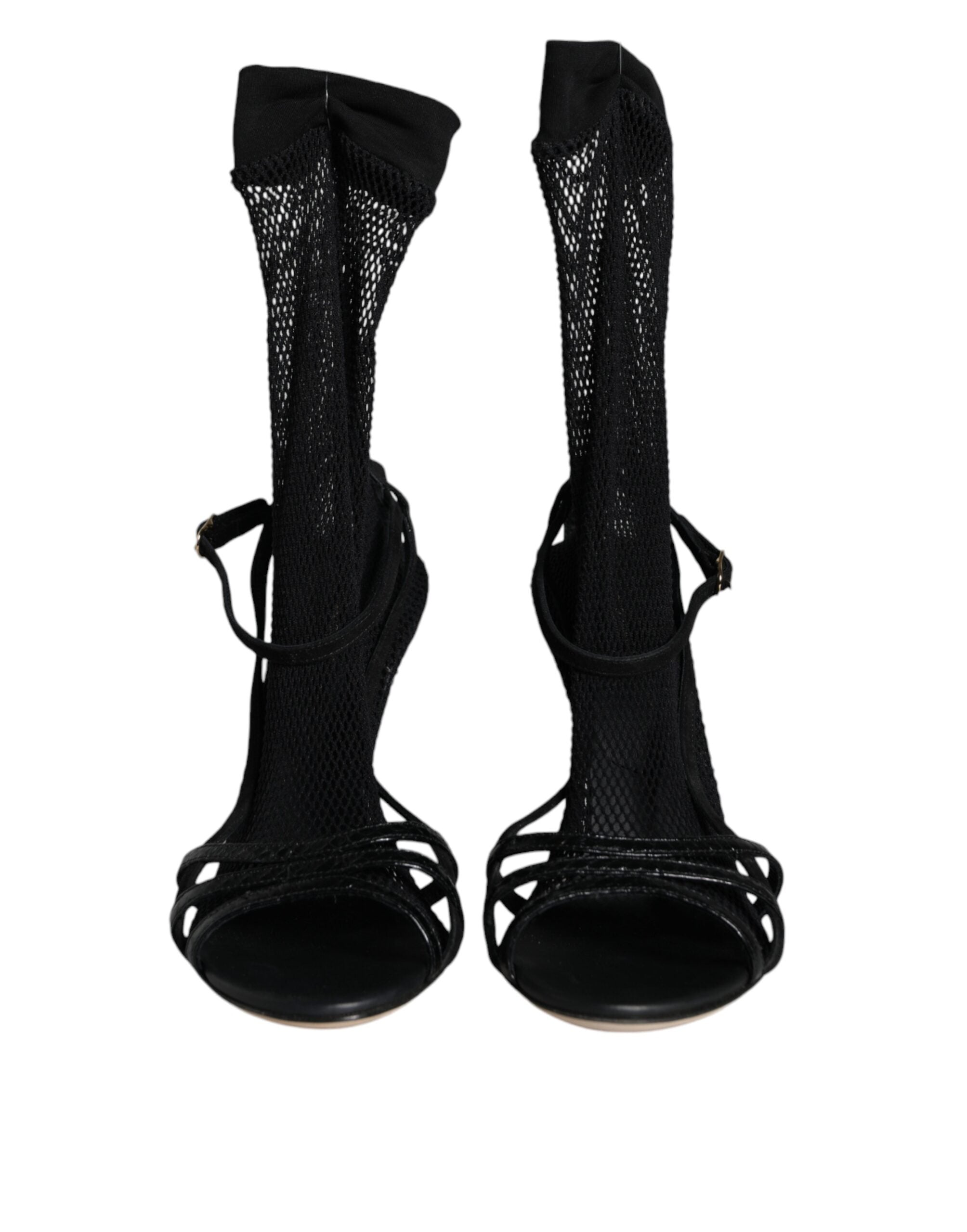 Sandales stilettos en mesh noir de Dolce & Gabbana, chaussures élégantes avec talons fins et design sophistiqué.