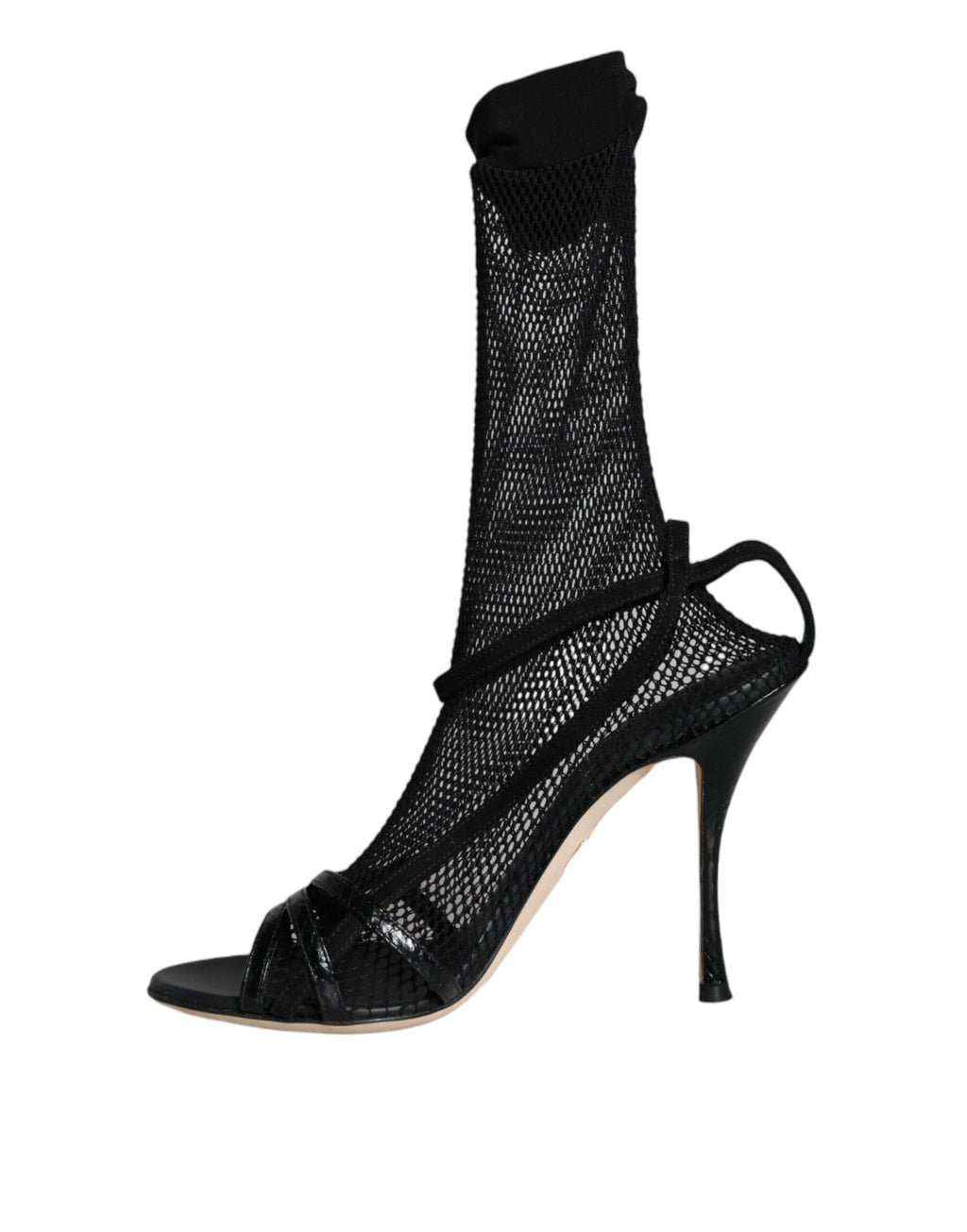 Sandales stilettos en mesh noir de Dolce & Gabbana, chaussures élégantes avec talons fins et design sophistiqué.