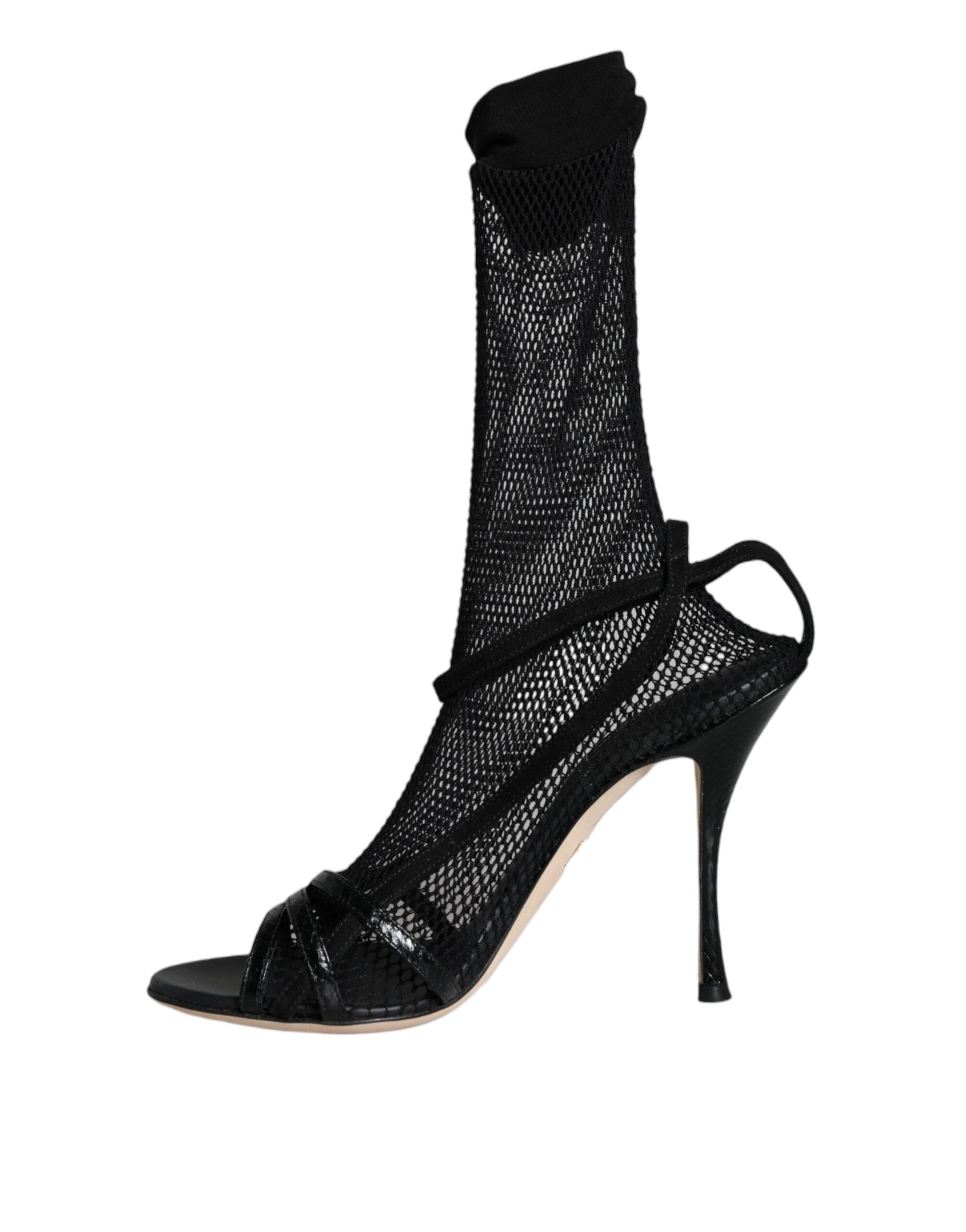 Sandales stilettos en mesh noir de Dolce & Gabbana, chaussures élégantes avec talons fins et design sophistiqué.
