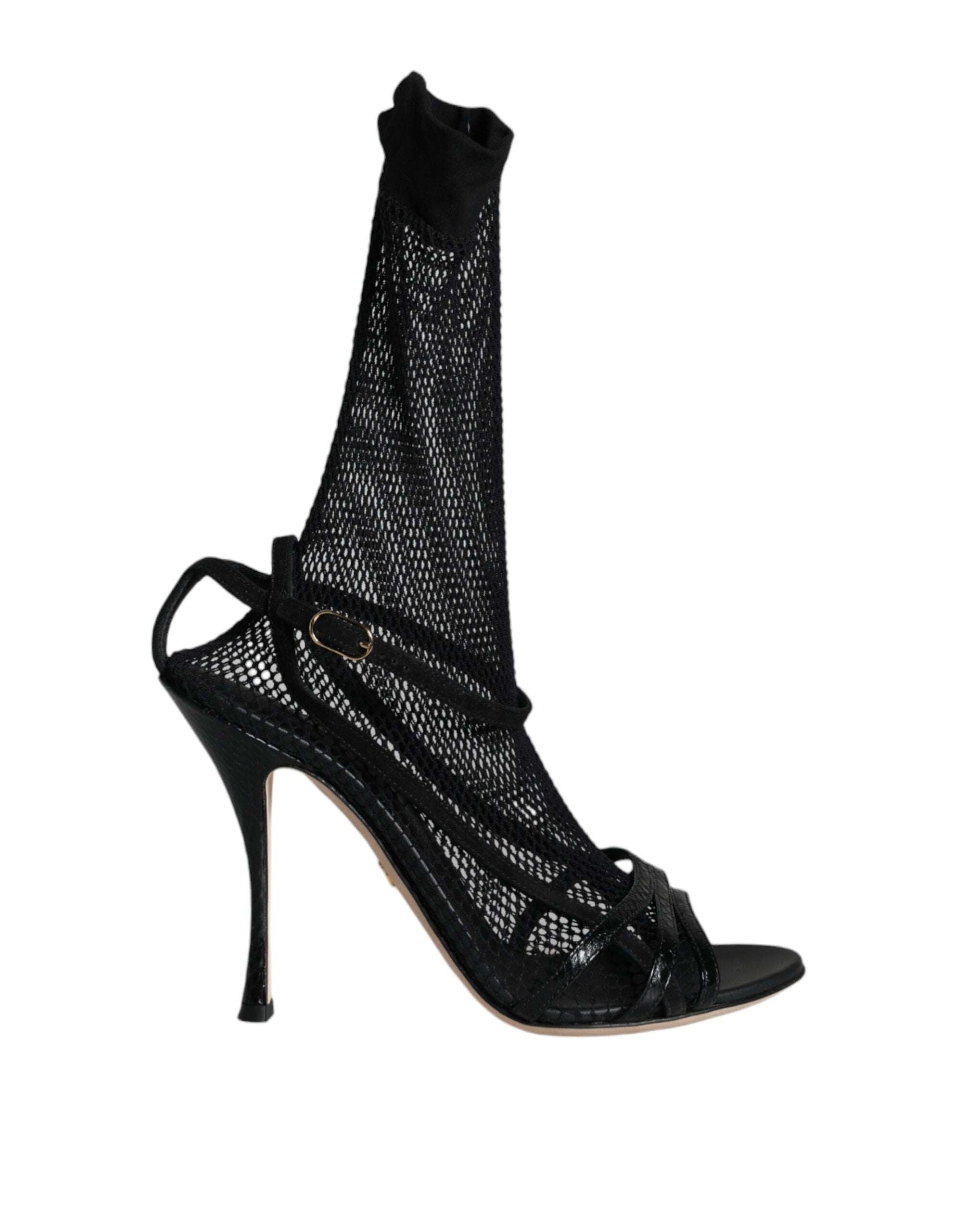 Chaussures à talons stilettos en mesh noir de Dolce & Gabbana, sandales élégantes avec design sophistiqué.