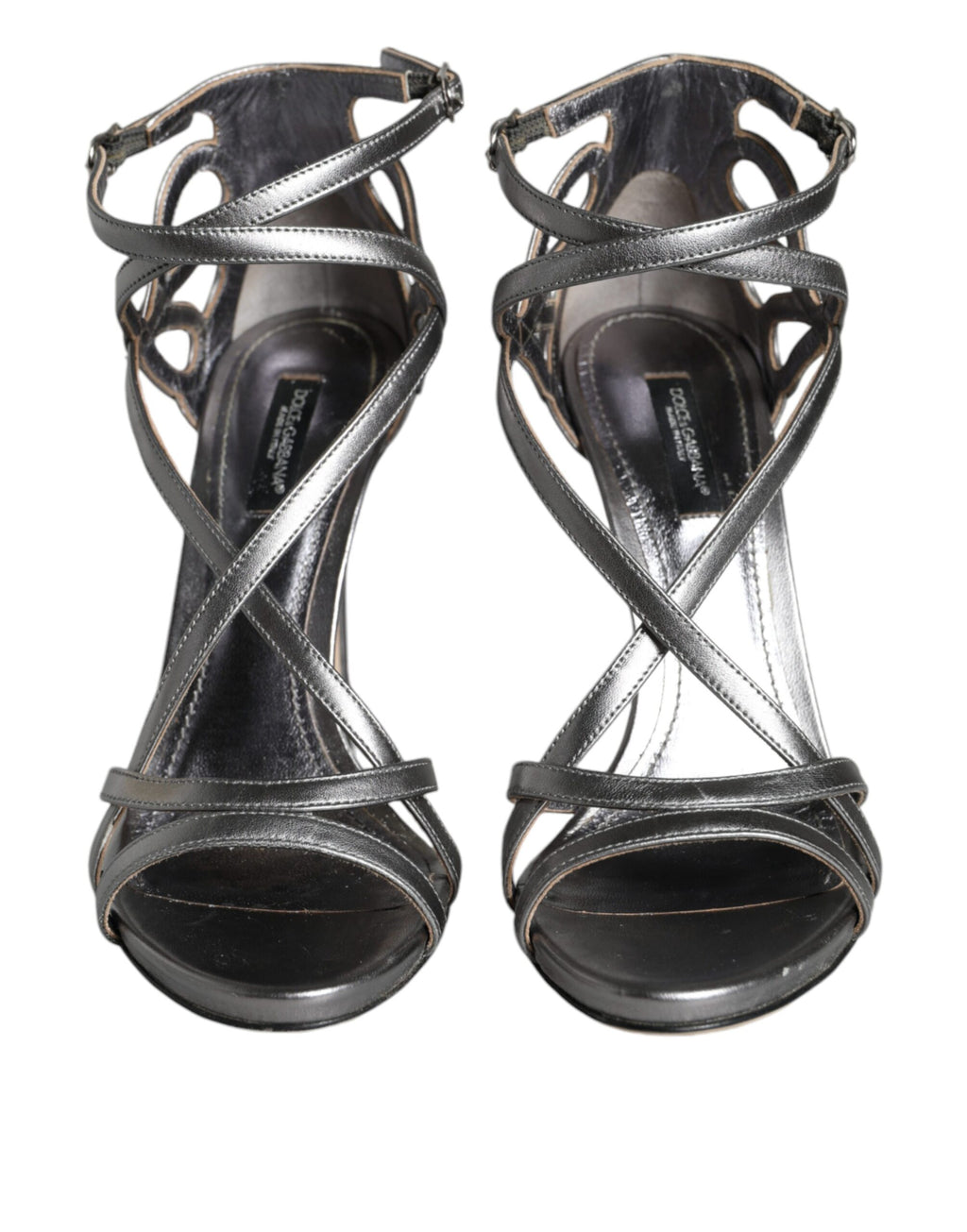 Sandales à talons en cuir argenté Dolce & Gabbana Keira, chaussures élégantes avec design sophistiqué.