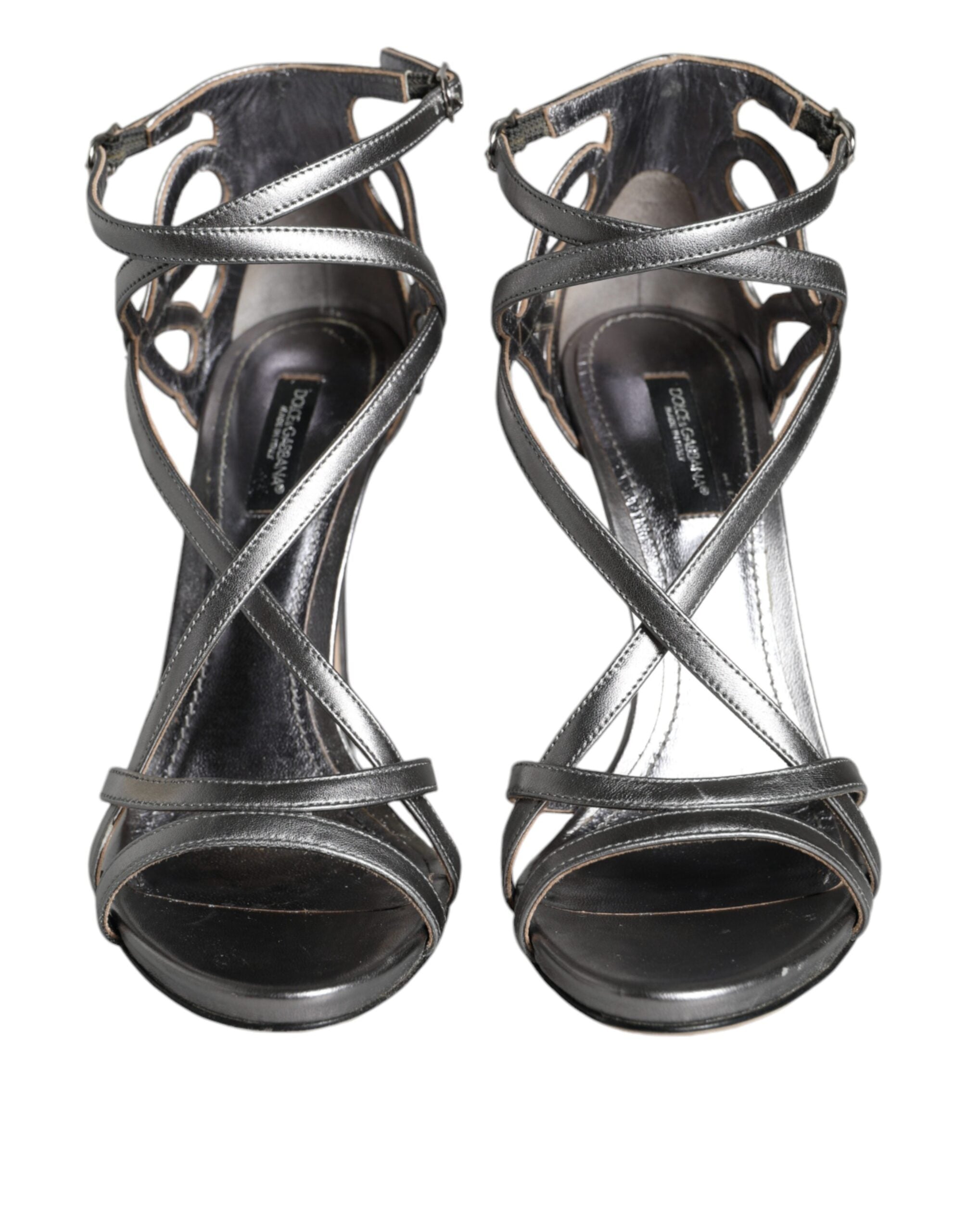 Sandales à talons en cuir argenté Dolce & Gabbana Keira, chaussures élégantes avec design sophistiqué.