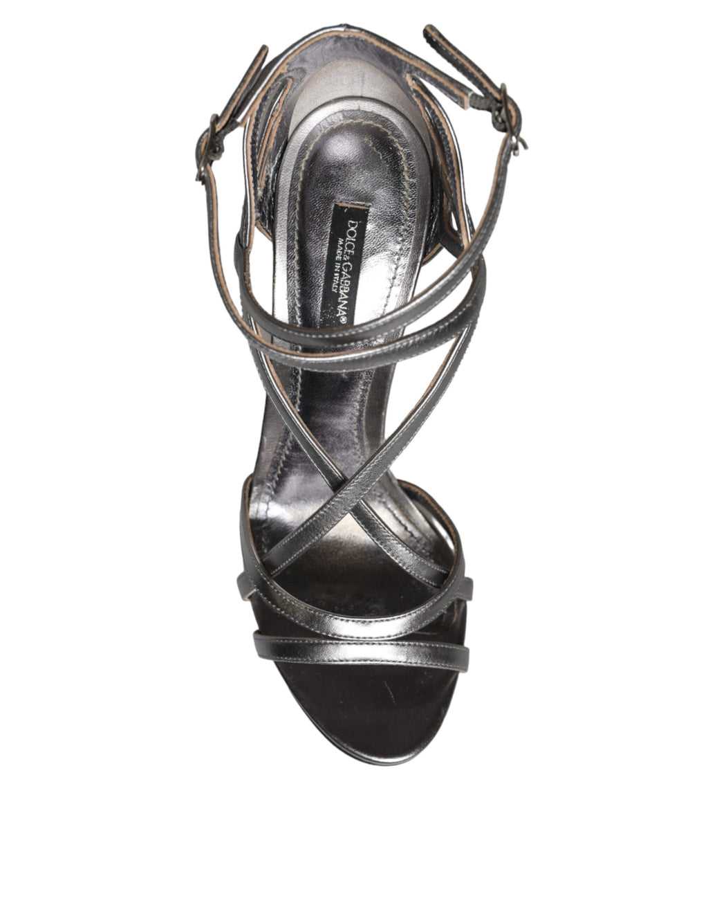 Sandales à talons en cuir argenté Dolce & Gabbana Keira, chaussures élégantes pour femmes, visibles en gros plan.