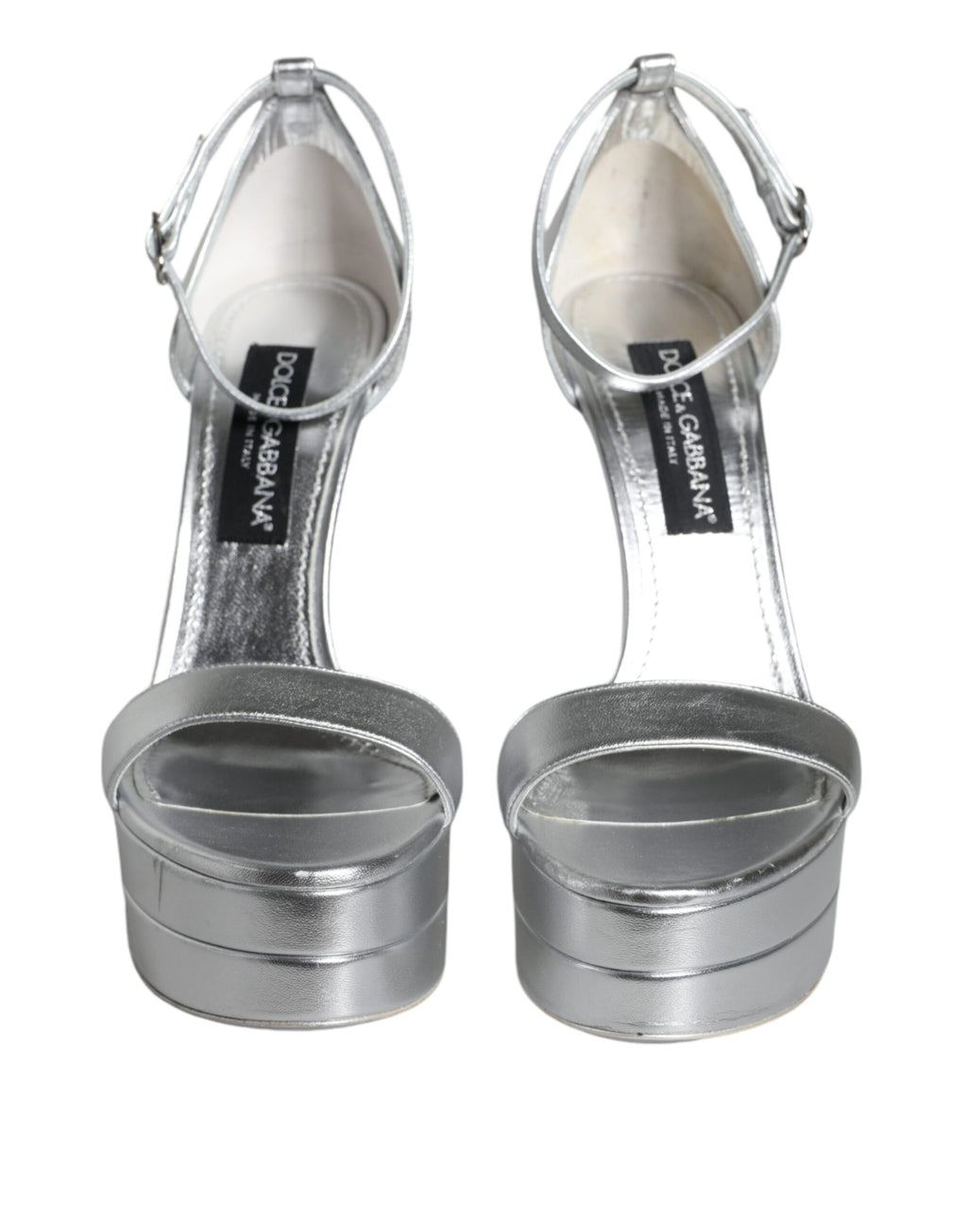 Sandales plateforme en cuir argenté Dolce & Gabbana Keira, chaussures élégantes avec semelle haute et design moderne.