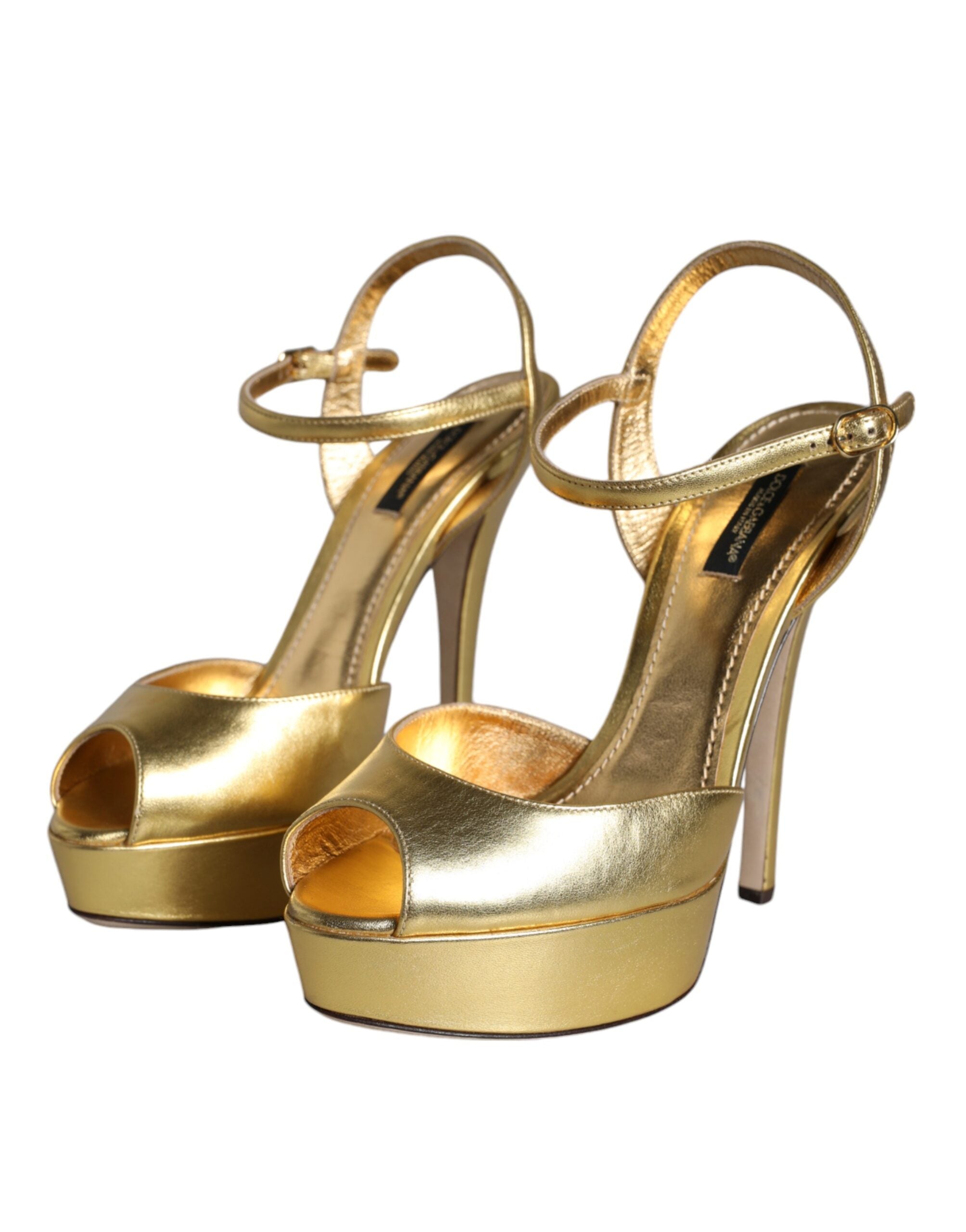 Sandales à talons en cuir doré Dolce & Gabbana Bette, chaussures élégantes et brillantes avec semelle fine et design sophistiqué.