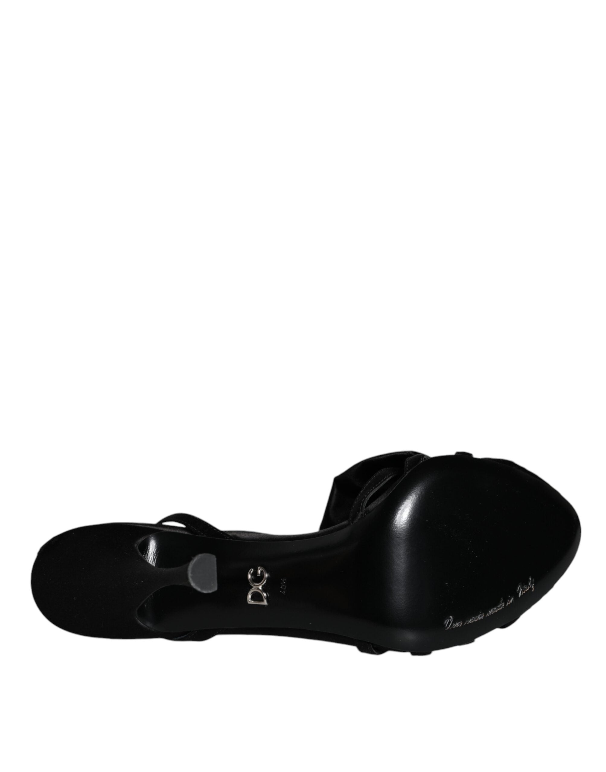 Sandales à talons Dolce & Gabbana noires avec bride à cristaux à la cheville, chaussures élégantes en cuir.