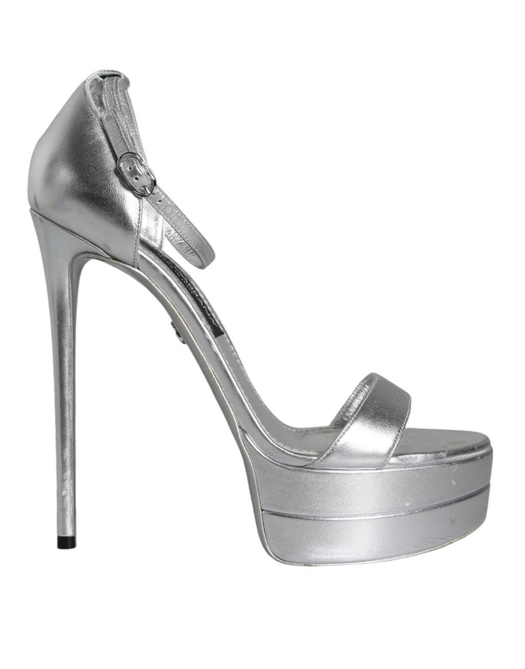 Sandales à talons argentées Dolce & Gabbana KEIRA avec bride à la cheville, chaussures élégantes et sophistiquées.