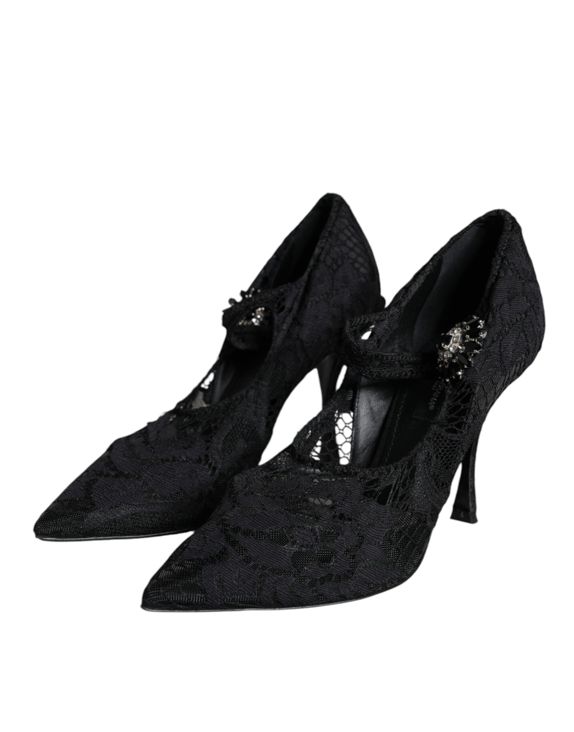 Chaussures Dolce & Gabbana Mary Jane noires avec talons en cristal et dentelle, élégantes et sophistiquées.