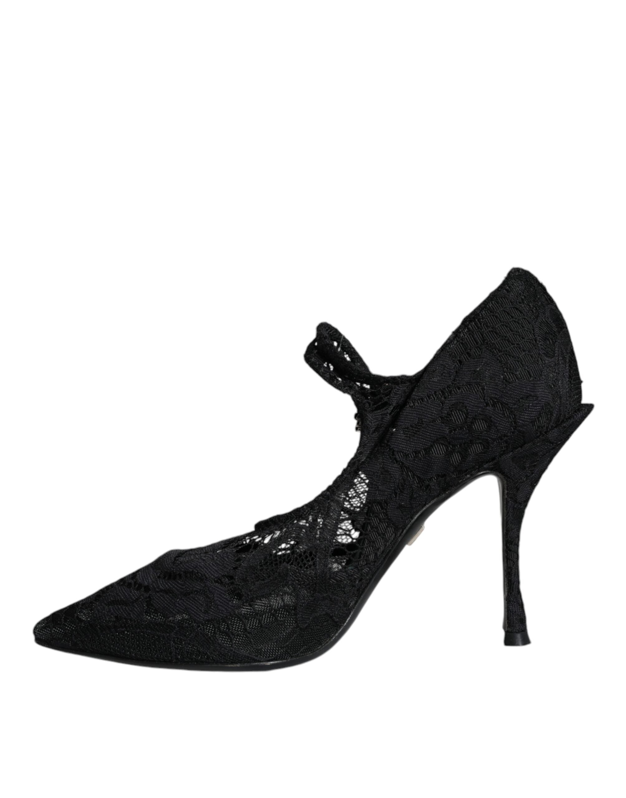 Chaussures à talons Dolce & Gabbana Mary Jane noires avec lacets, cristaux et semelle élégante.