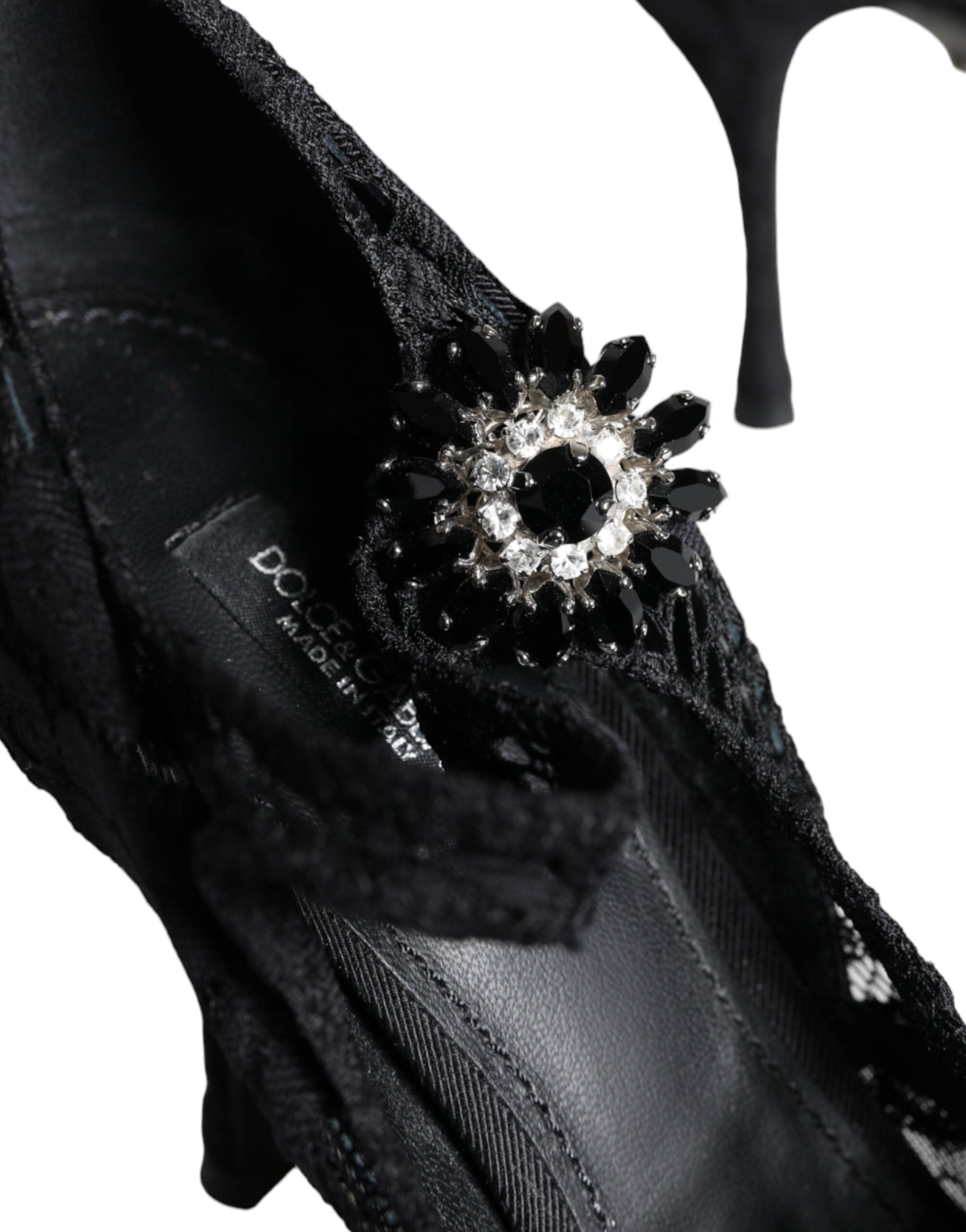 Chaussures à talons Dolce & Gabbana Mary Jane noires avec dentelle, cristaux et semelle en cuir.