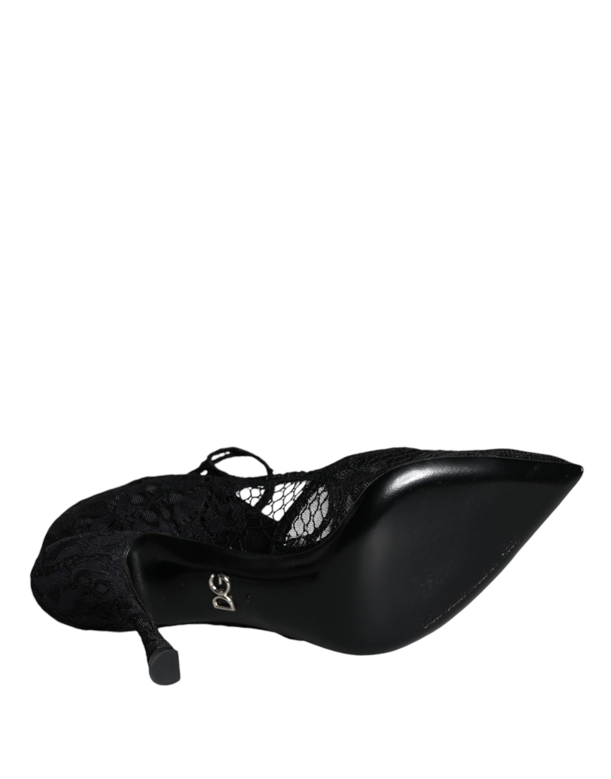 Chaussures à talons Dolce & Gabbana, escarpins Mary Jane noirs en dentelle avec cristaux et talons hauts élégants.