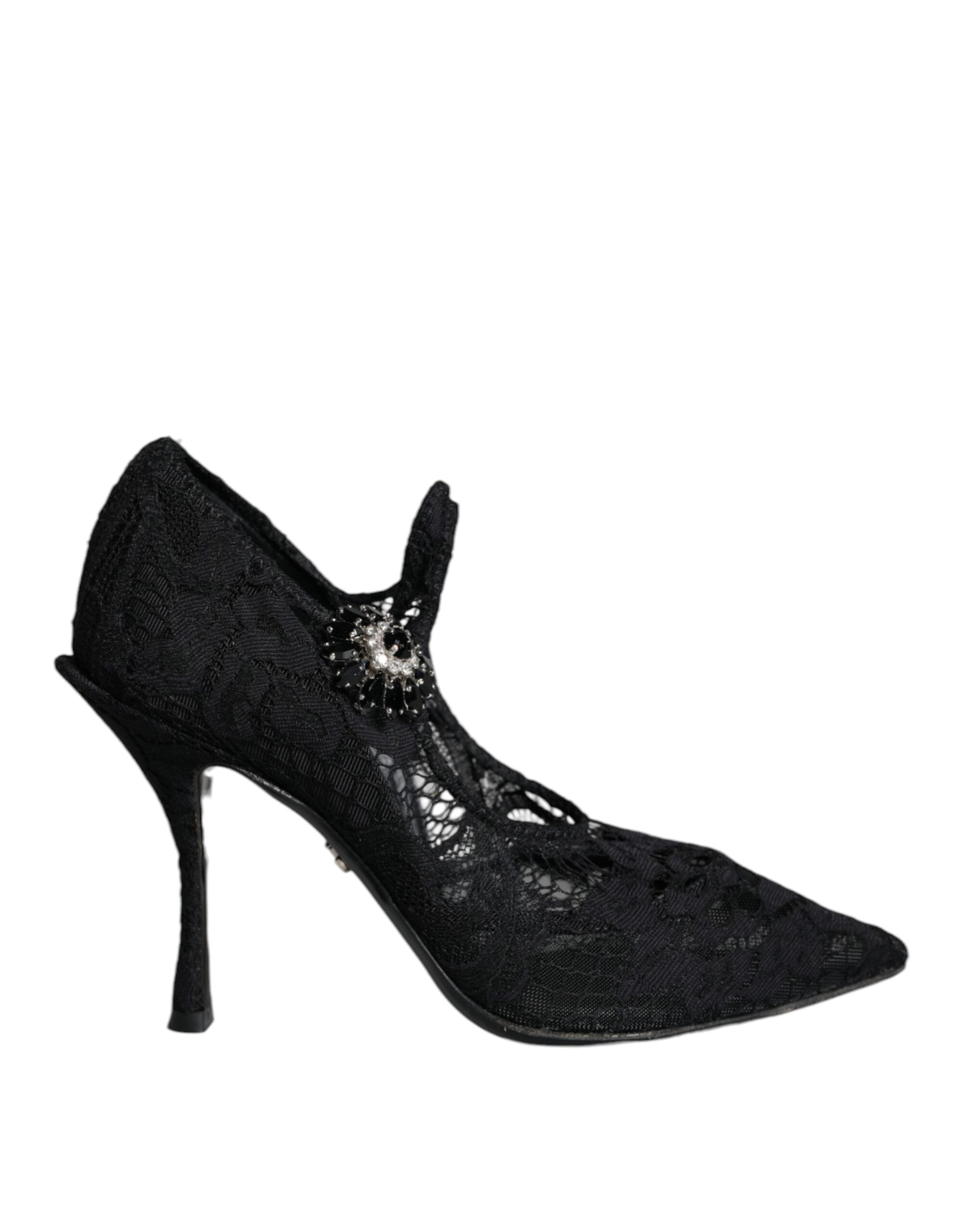 Chaussures à talons Dolce & Gabbana Mary Jane noires avec dentelle et cristaux, talons hauts élégants pour femmes