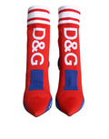 Bottes ankle Dolce & Gabbana en tissu extensible rouge et bleu avec logo, style sock, chaussures élégantes et modernes.