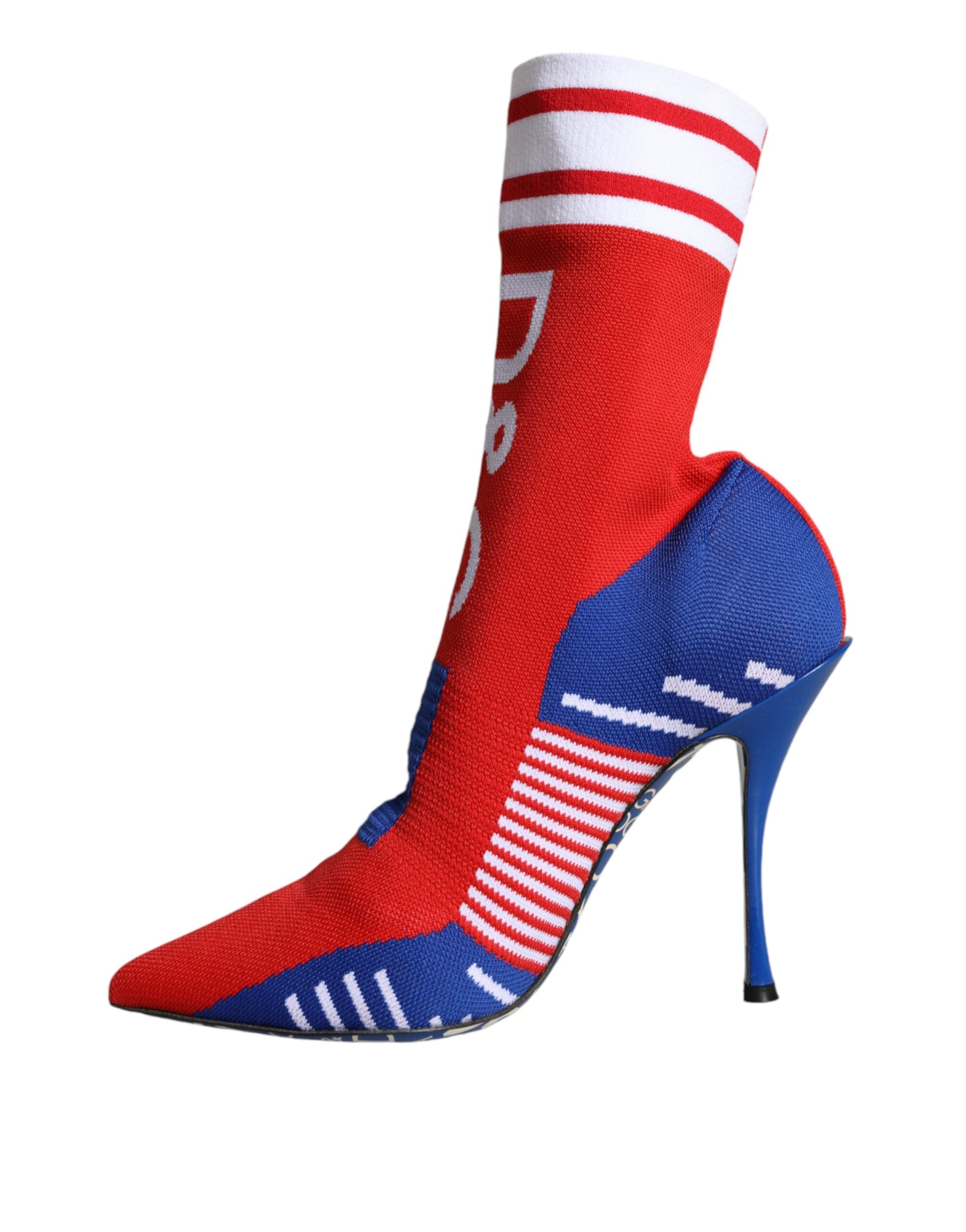 Bottes ankle Dolce & Gabbana rouges et bleues en stretch avec logo, style sock, chaussures tendance et confortables.