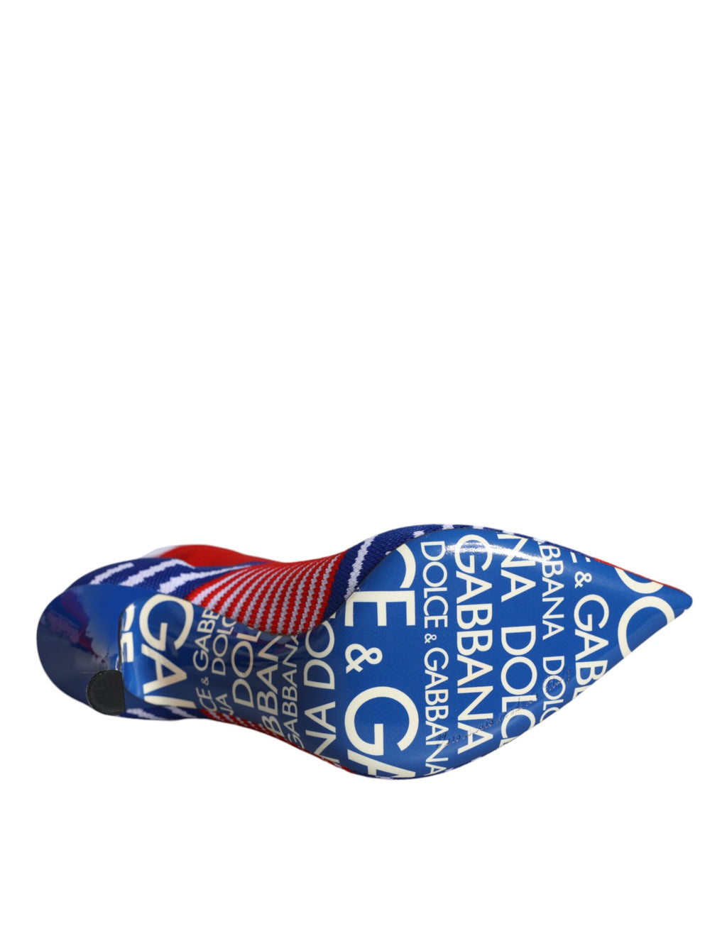 Chaussures Dolce & Gabbana, bottines à talons, rouge et bleu, en tissu extensible, avec logo, style chaussette ankle boots.