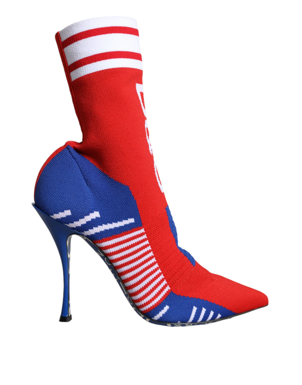 Chaussures ankle Dolce & Gabbana rouge et bleu en tissu stretch avec logo, style sock, vue de face