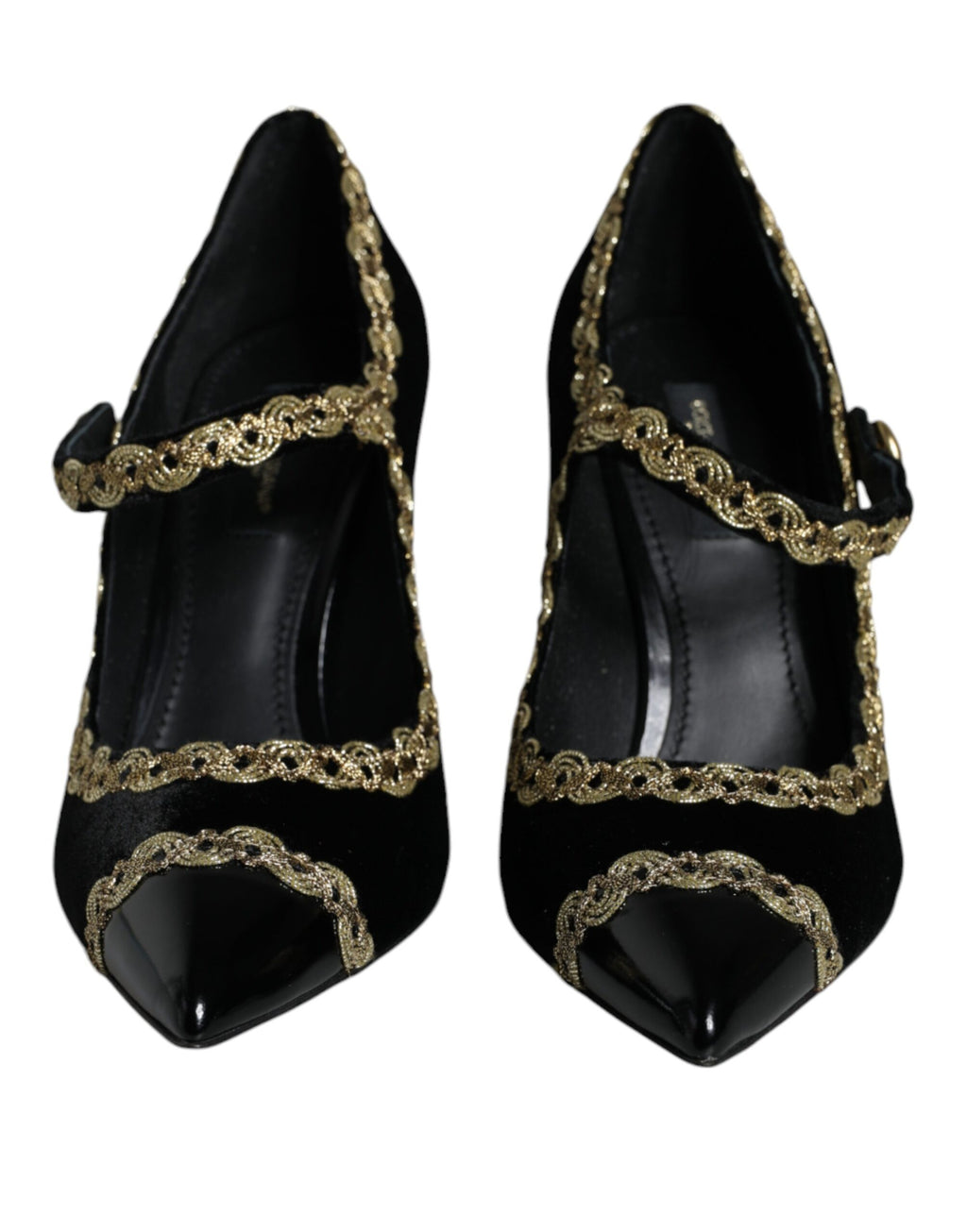 Chaussures Dolce & Gabbana Mary Janes noires en velours avec talons dorés et détails élégants.
