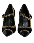 Chaussures Dolce & Gabbana Mary Janes noires en velours avec talons dorés et détails élégants.