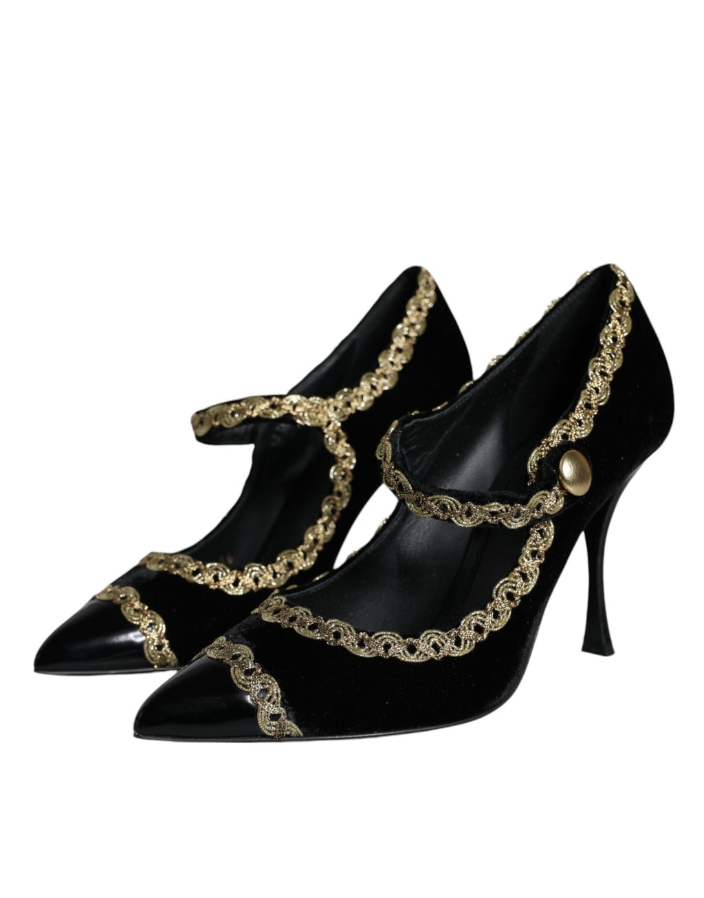 Chaussures Dolce & Gabbana Mary Janes noires en velours avec talons dorés, style élégant et sophistiqué.