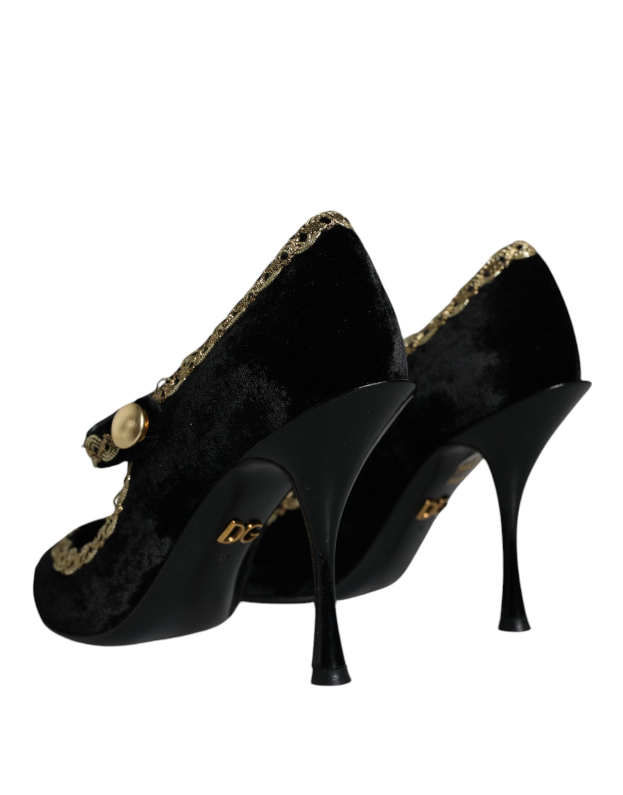 Chaussures Dolce & Gabbana Mary Janes noires en velours avec talons dorés, style élégant et sophistiqué.