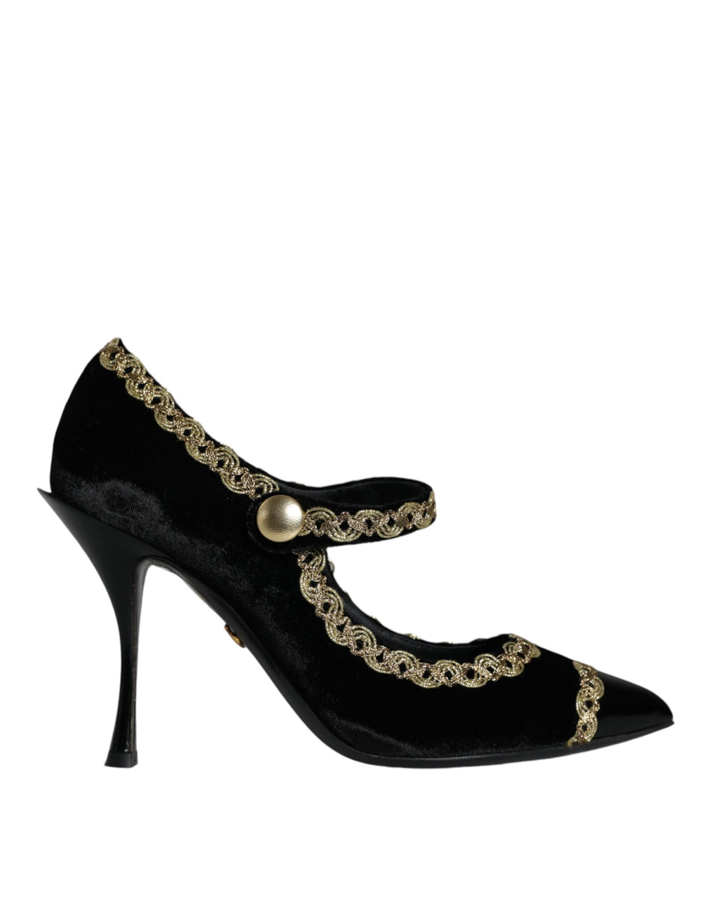 Chaussures Dolce & Gabbana Mary Janes en velours noir avec talons dorés, élégantes et sophistiquées.