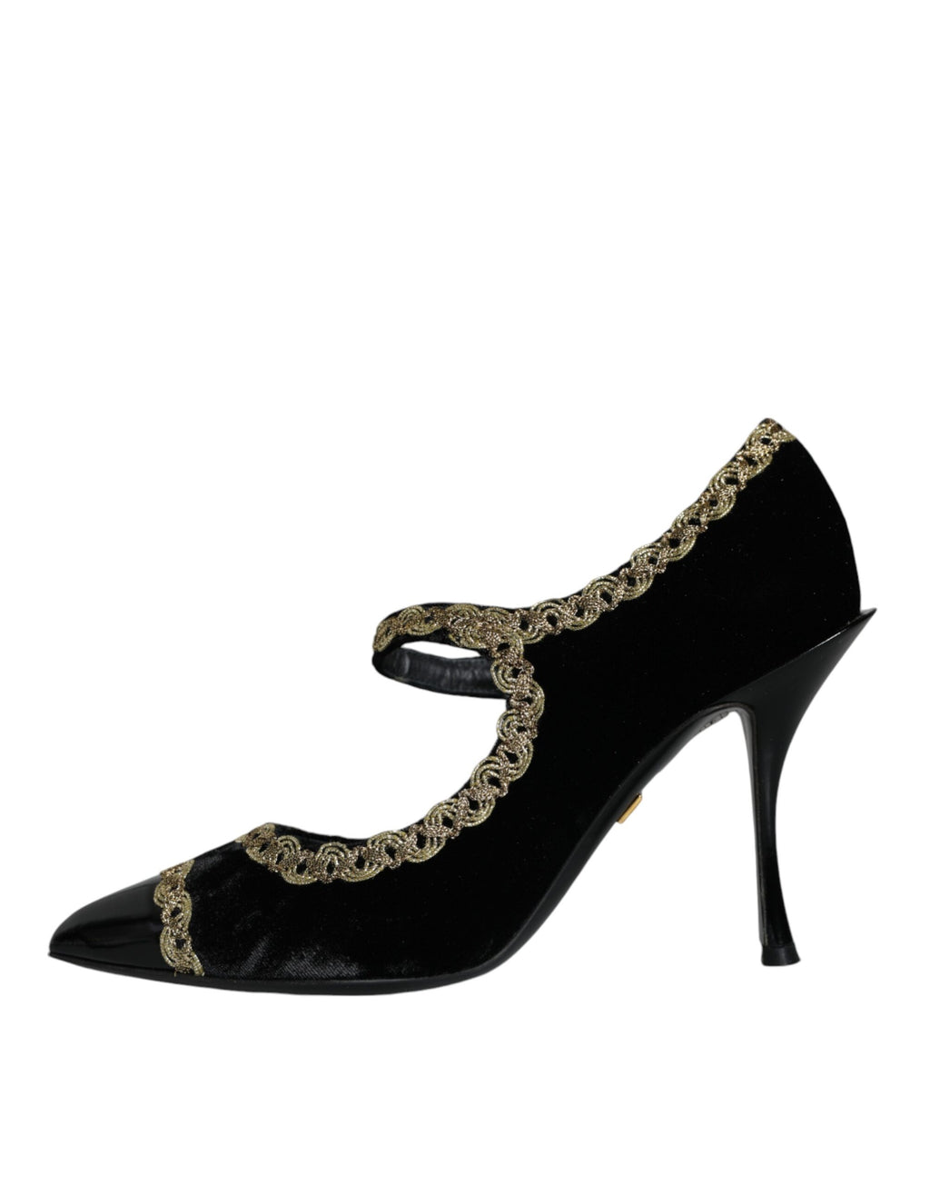 Chaussures Dolce & Gabbana Mary Janes noires en velours avec talons dorés, style élégant et sophistiqué.