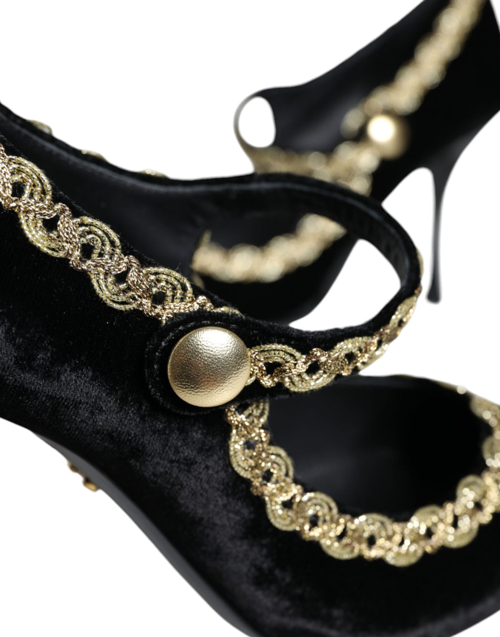 Chaussures Dolce & Gabbana Mary Janes en velours noir avec talons dorés élégants.