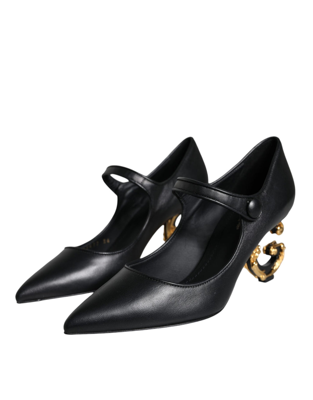 Escarpins Mary Janes en cuir noir Dolce & Gabbana avec logo, vue de côté montrant la bride et le talon.