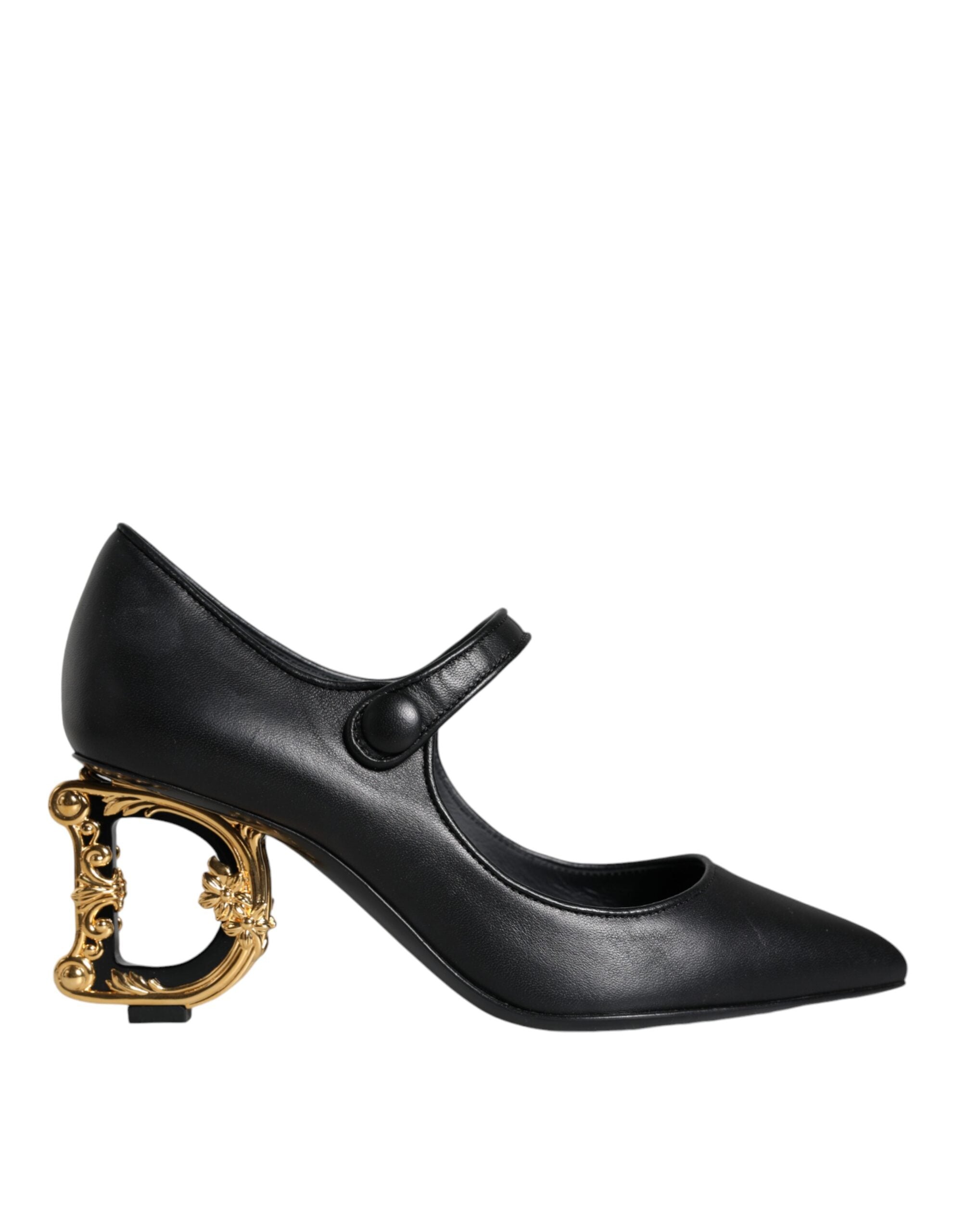 Chaussures à talons noirs Dolce & Gabbana en cuir avec logo, style Mary Janes, élégantes et sophistiquées.