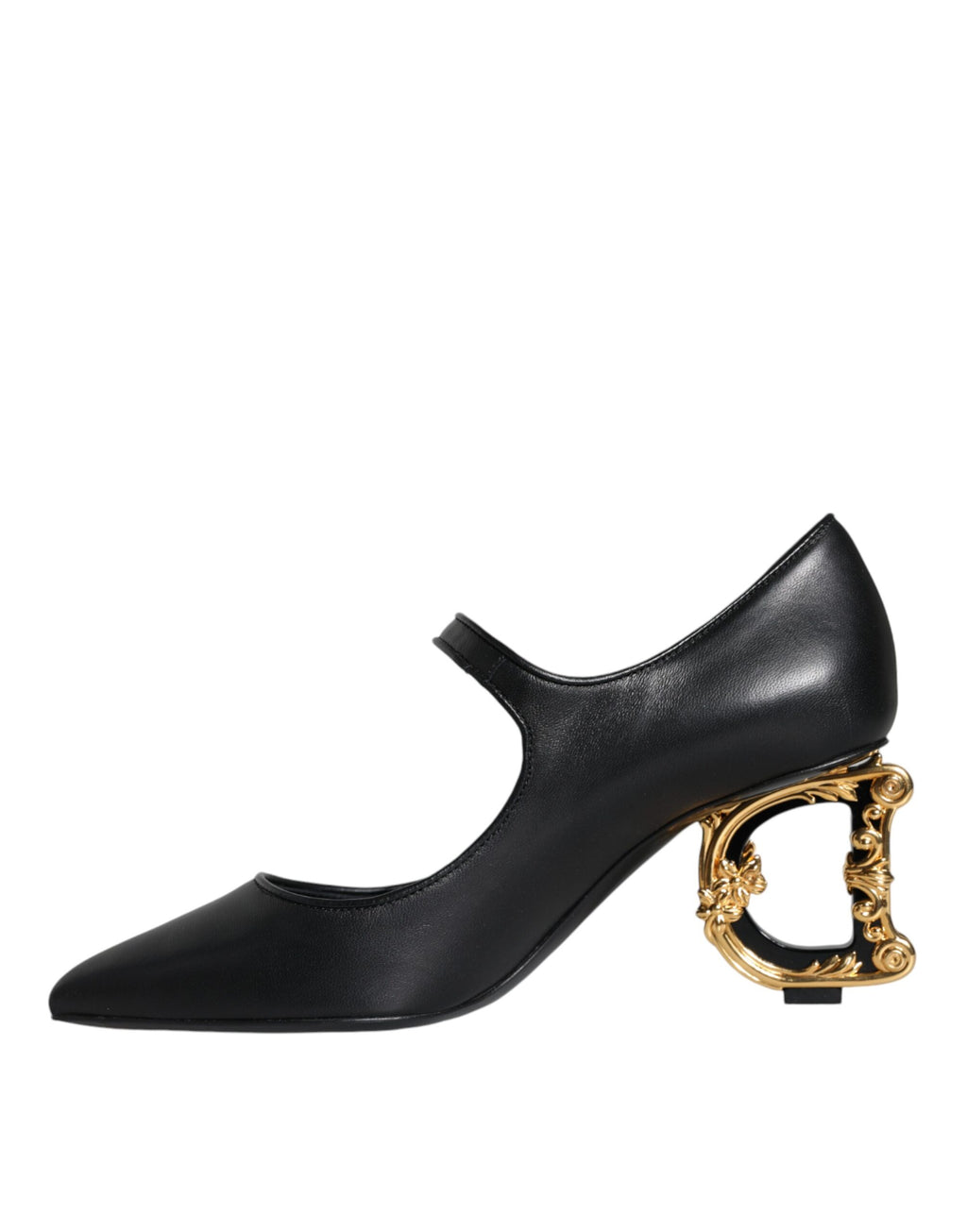 Chaussures Dolce & Gabbana à talons noirs en cuir avec logo, style Mary Janes, élégantes et sophistiquées.