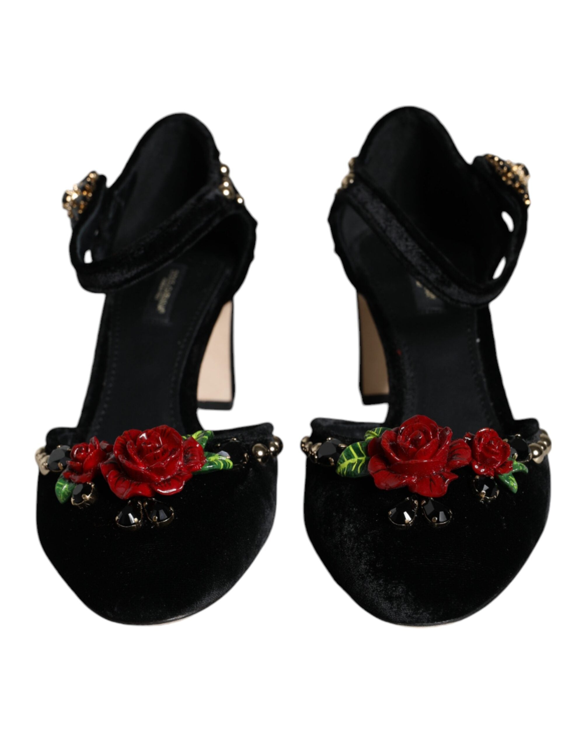 Chaussures à talons Dolce & Gabbana Roses en velours noir avec bride à la cheville, élégantes et sophistiquées.