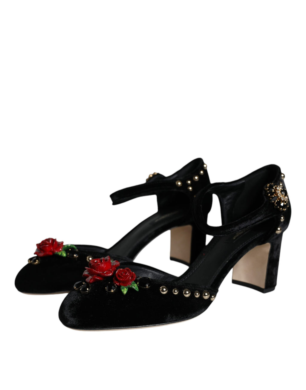 Chaussures Dolce & Gabbana roses en velours noir avec bride à la cheville, semelle élégante, vue de face.