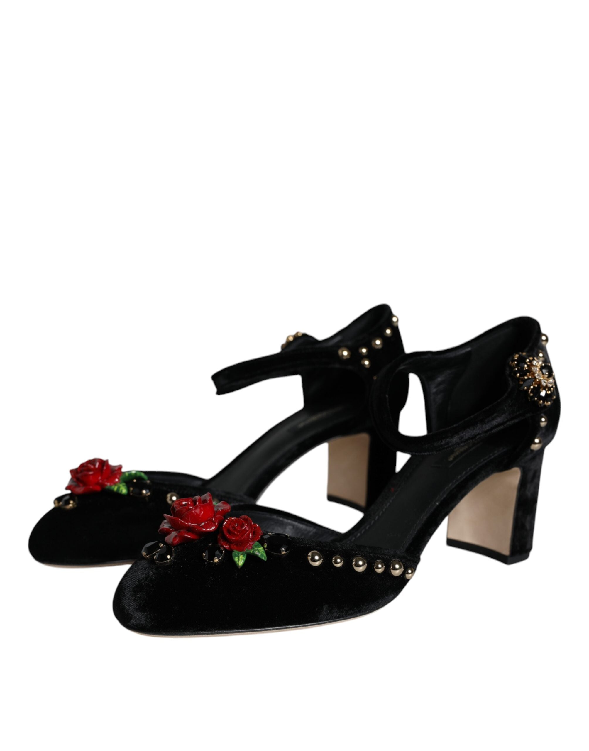 Chaussures Dolce & Gabbana roses en velours noir avec bride à la cheville, semelle élégante, vue de face.
