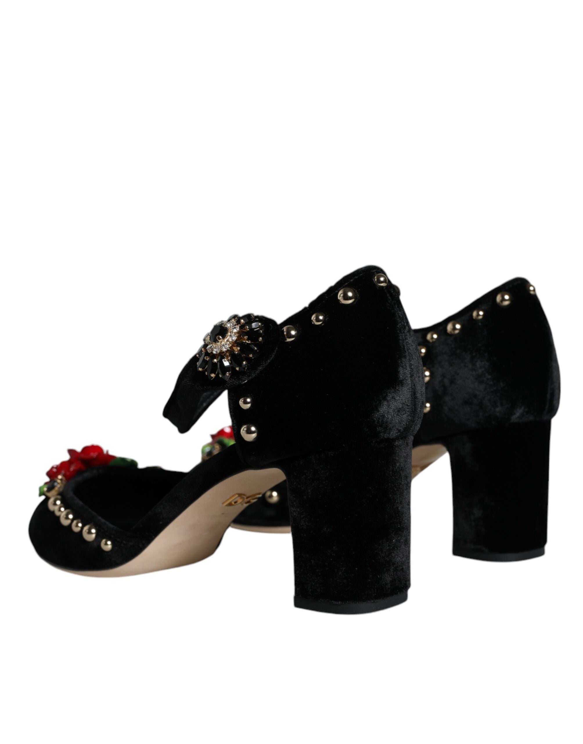Chaussures à talons Dolce & Gabbana roses en velours noir avec bride à la cheville, élégantes et sophistiquées.