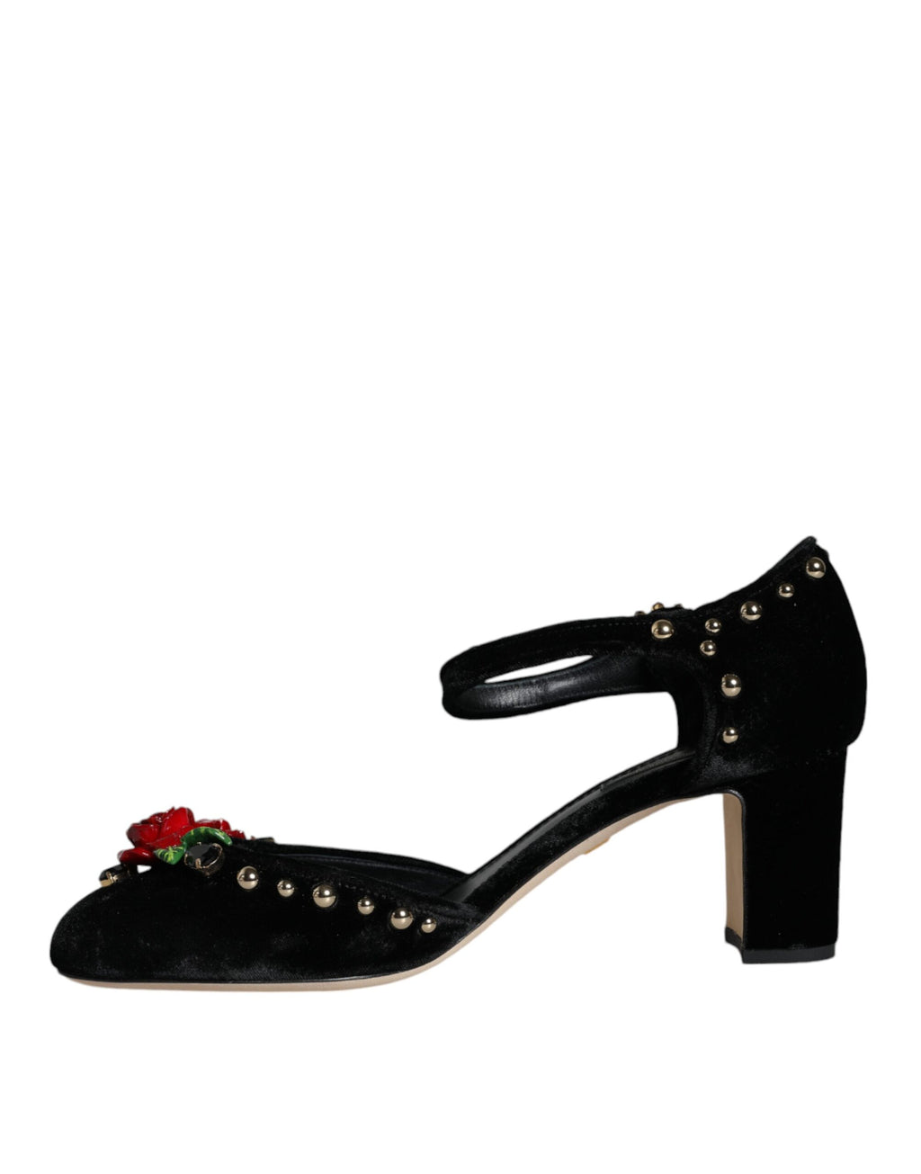 Chaussures à talons Dolce & Gabbana roses en velours noir avec bride à la cheville, élégantes et sophistiquées.
