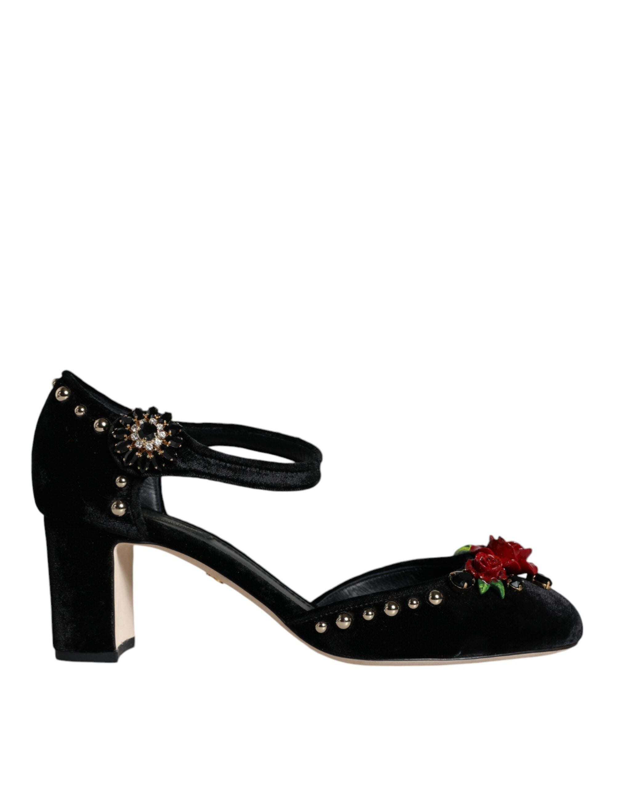 Chaussures à talons Dolce & Gabbana roses en velours noir avec bride à la cheville, élégantes et sophistiquées.