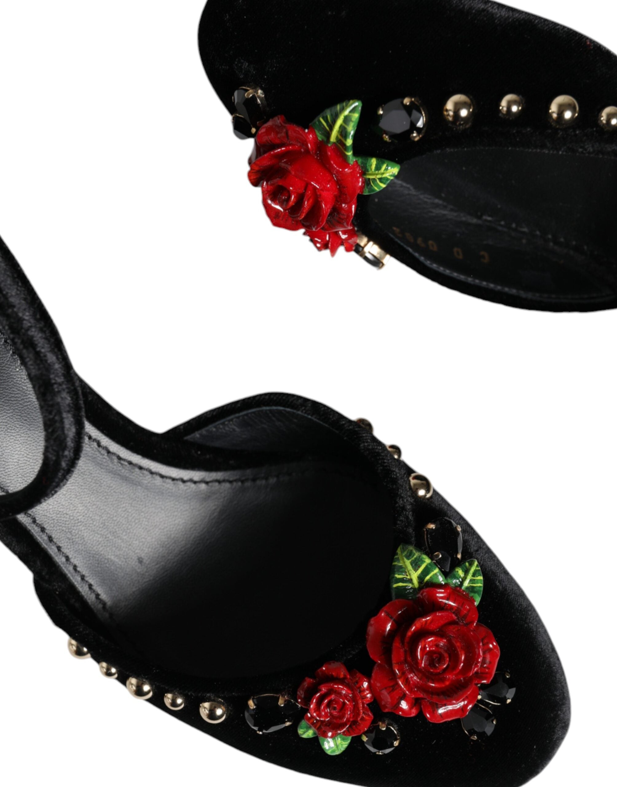 Escarpins Dolce & Gabbana en velours noir avec roses et bride à la cheville, chaussures élégantes pour femme.