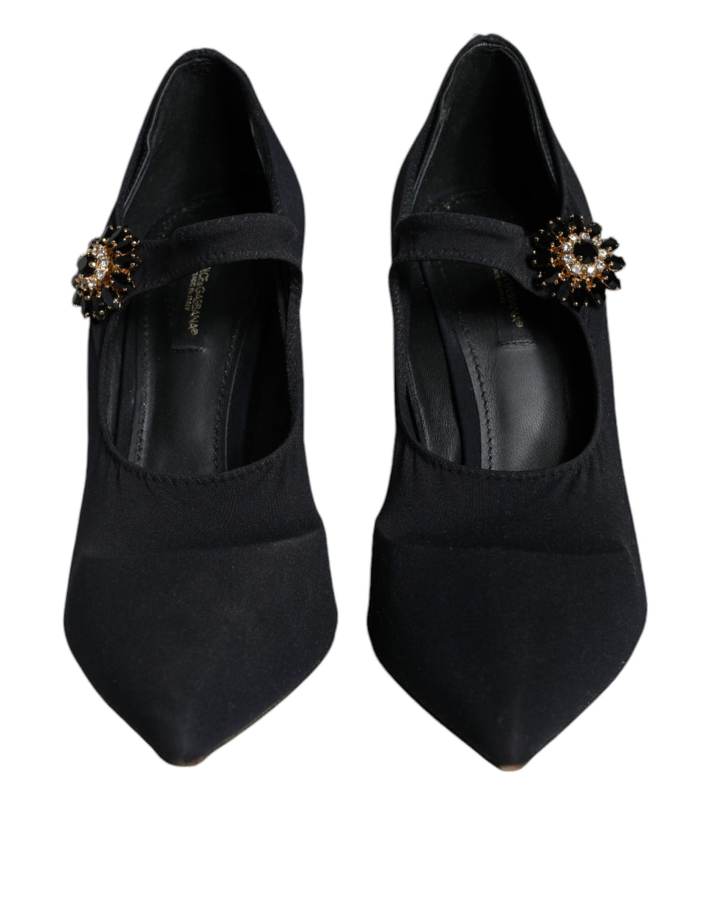 Chaussures Dolce & Gabbana Mary Jane en jersey noir avec cristaux, talons élégants et style sophistiqué.