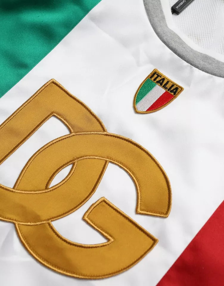 T-shirt sans manches Dolce & Gabbana blanc et vert avec drapeau italien, style basket, motif graphique, mode italienne élégante.