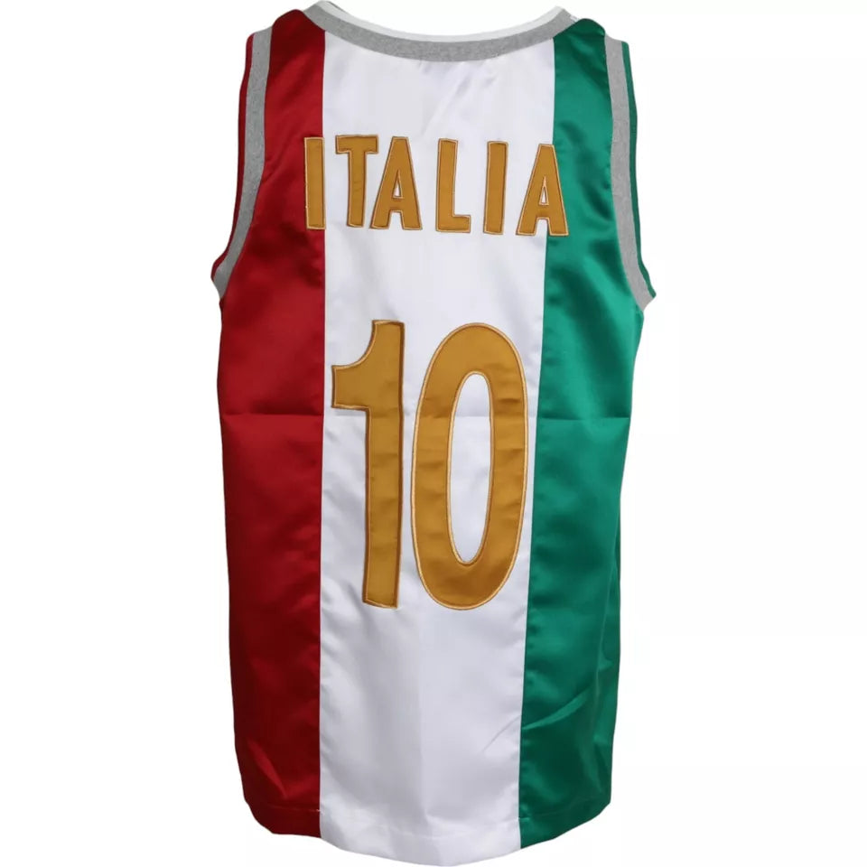 T-shirt sans manches Dolce & Gabbana blanc et vert avec drapeau italien, style basket, visible en détail sur l'image.
