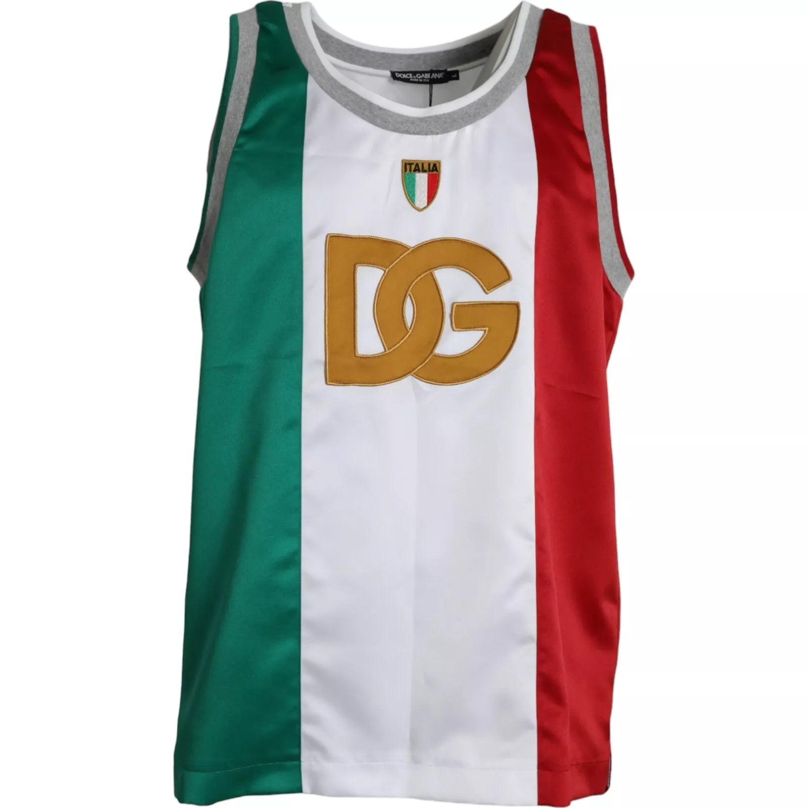 T-shirt sans manches Dolce & Gabbana blanc et vert avec motif drapeau italien, style basket, vue de face.
