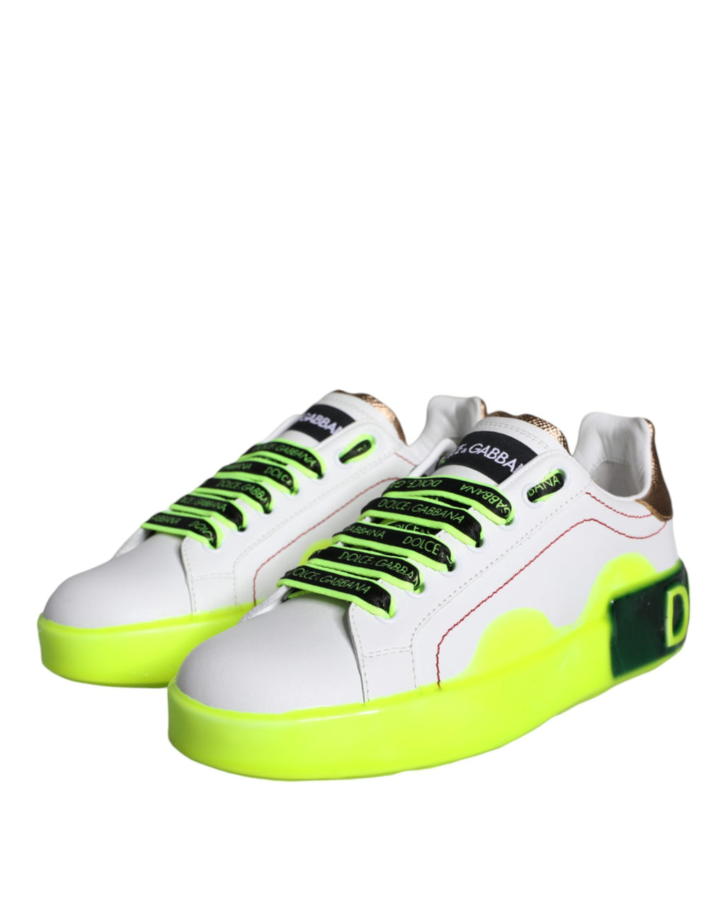 Chaussures sneakers basses en cuir blanc Dolce & Gabbana Portofino, vue de face, avec détails en cuir lisse et semelle blanche.