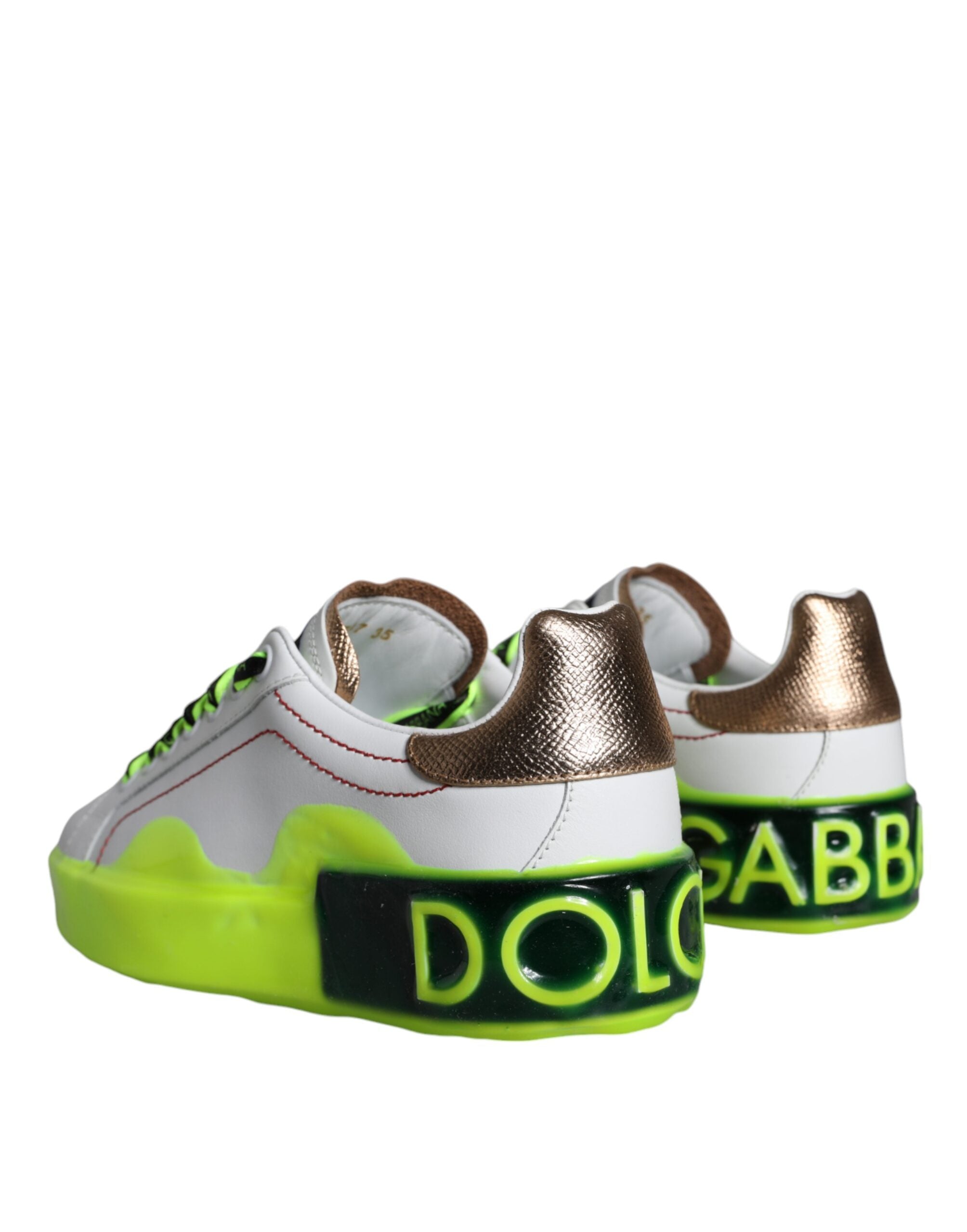 Chaussures sneakers basses en cuir blanc Dolce & Gabbana Portofino, vues de face, avec détails en cuir et semelle blanche.