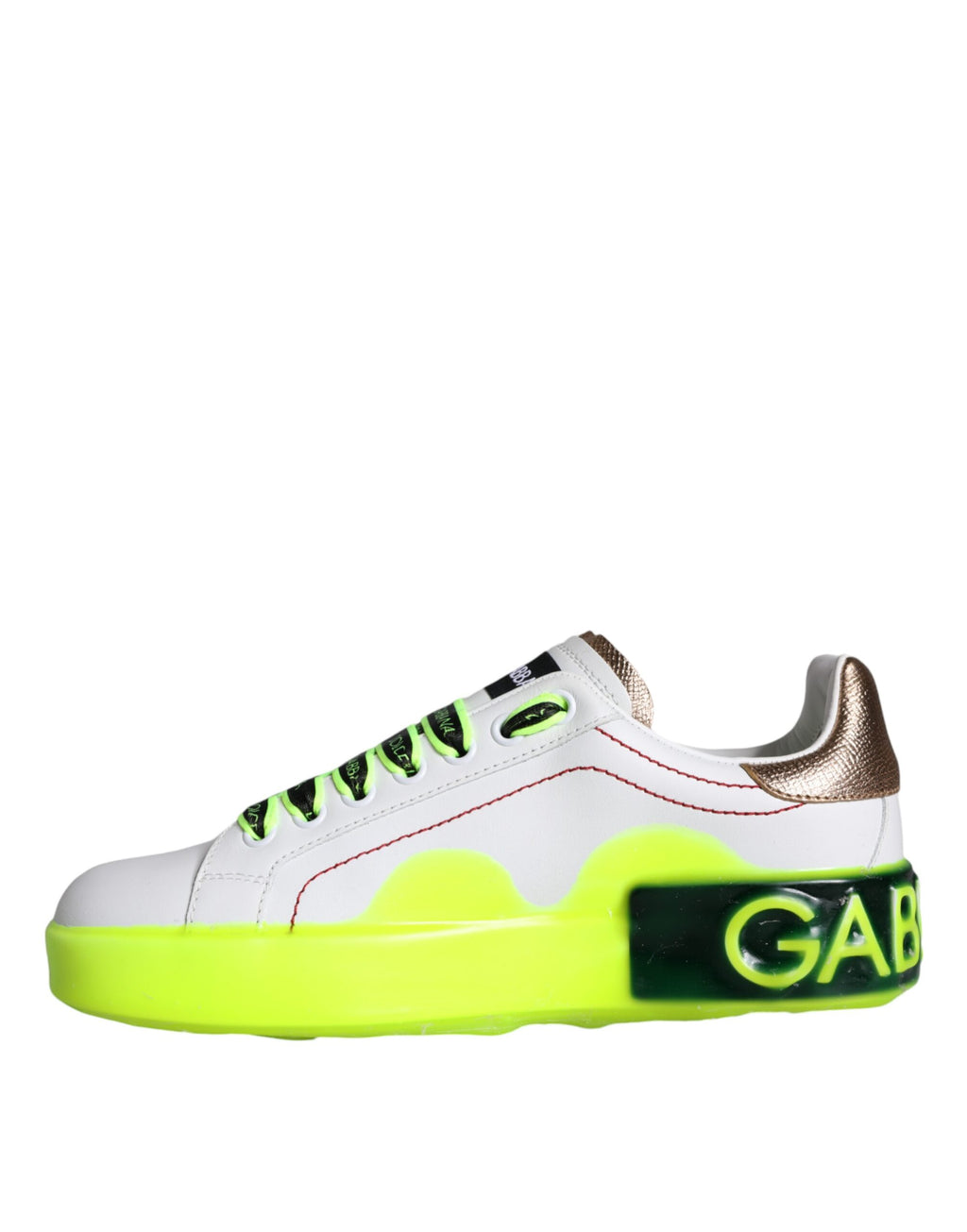 Chaussures sneakers basses en cuir blanc Dolce & Gabbana Portofino, vue de face, détail des lacets et du design élégant.