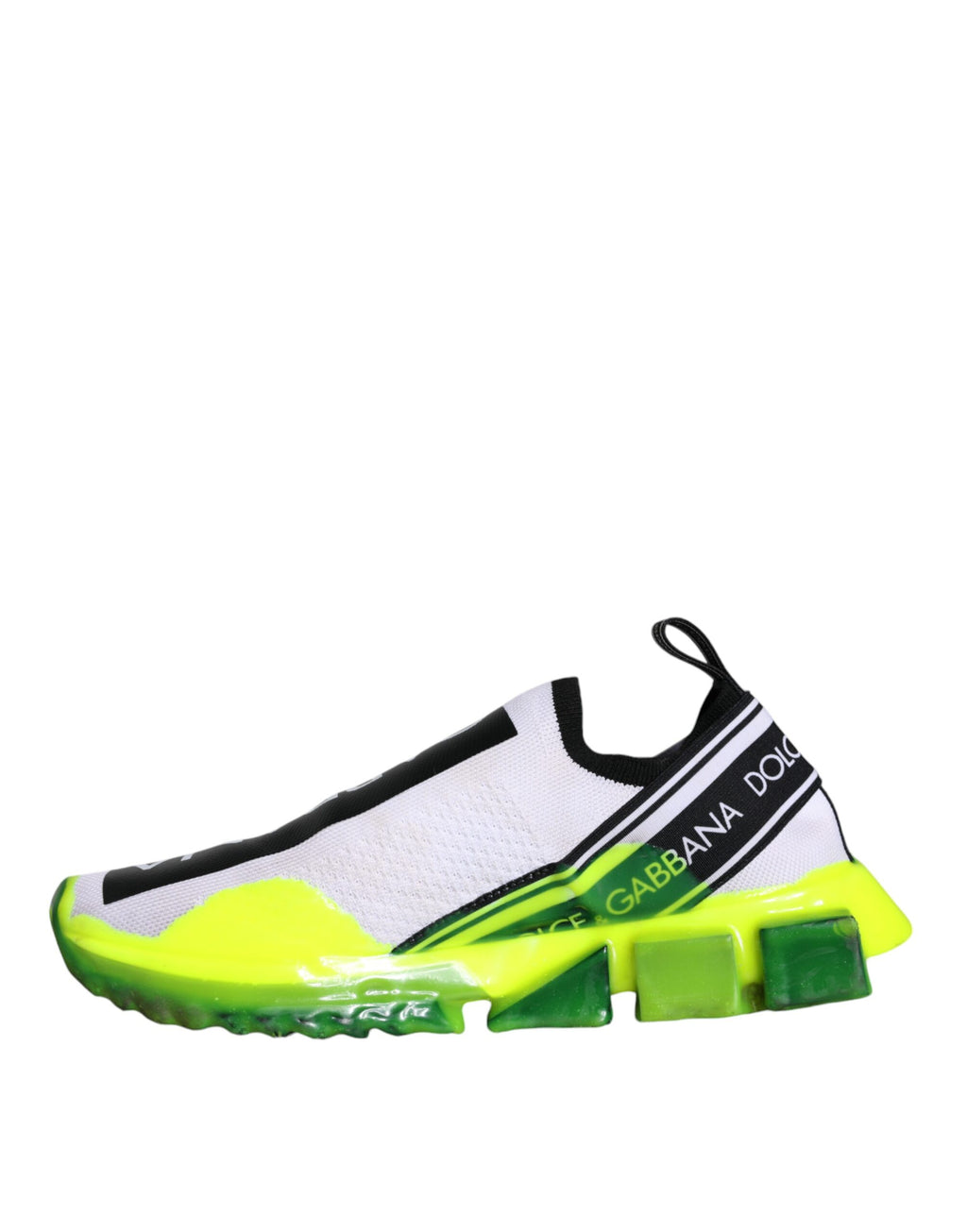Chaussures sneakers Dolce & Gabbana Sorrento blanches et jaunes, slip-on, vue de face, style élégant et décontracté.