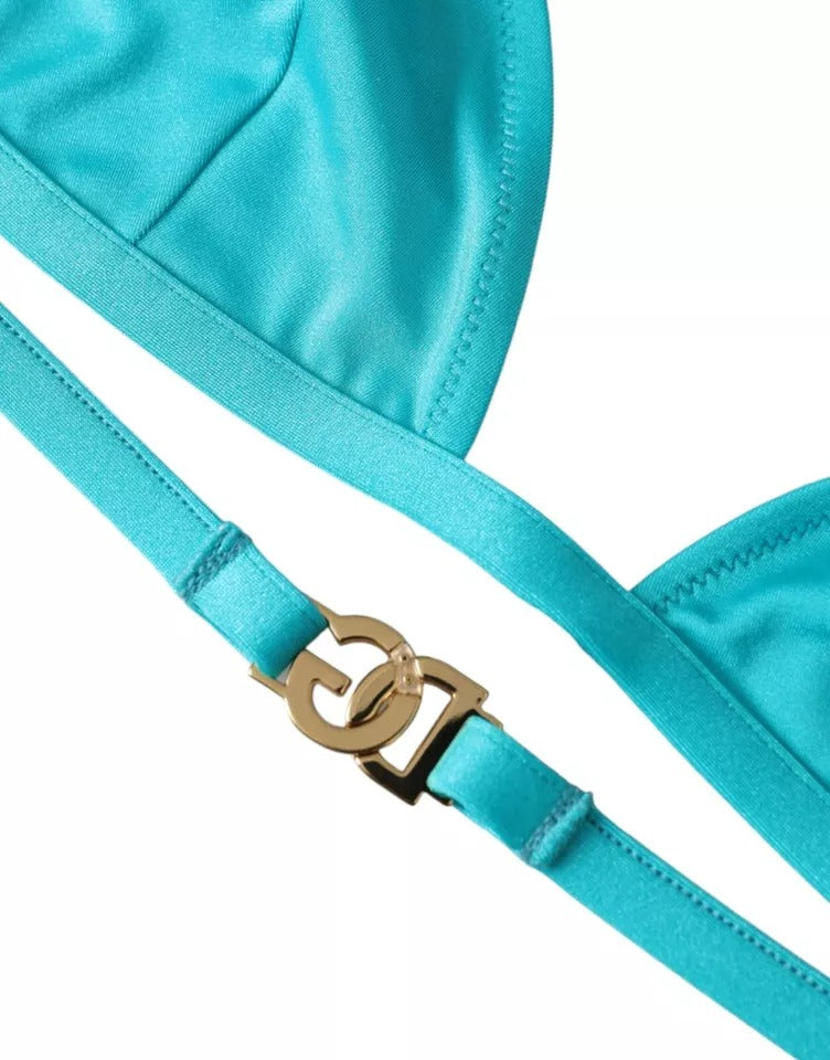 Top de bikini Dolce & Gabbana à logo DG, en bleu et vert, avec col halter, parfait pour la plage et la baignade.
