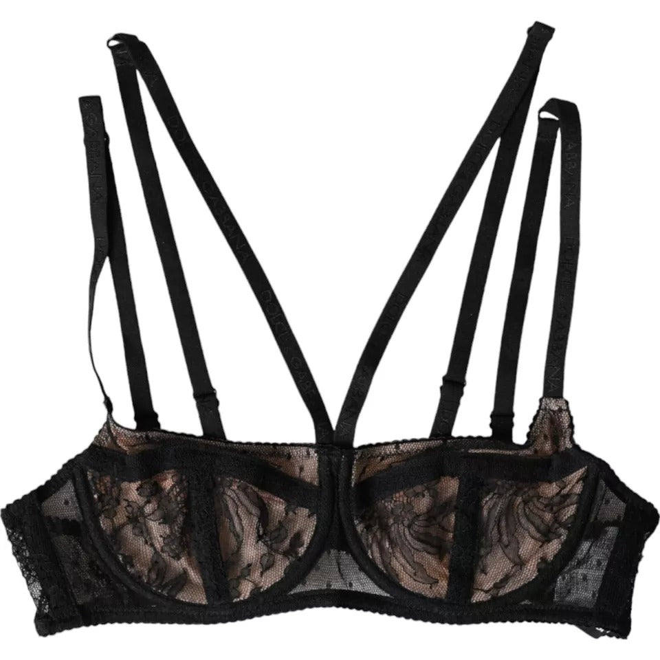 Soutien-gorge balconnet noir en dentelle florale en nylon de Dolce & Gabbana, détail élégant et féminin.