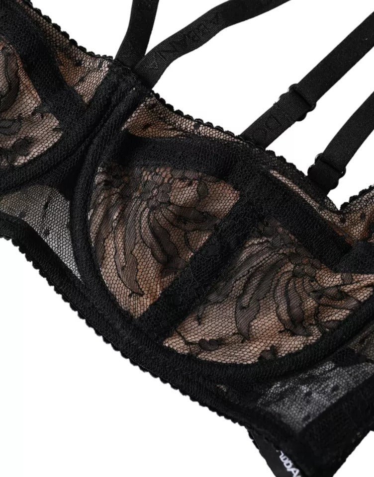 Soutien-gorge balconnet en dentelle florale noire de Dolce & Gabbana, en nylon, vue de face.