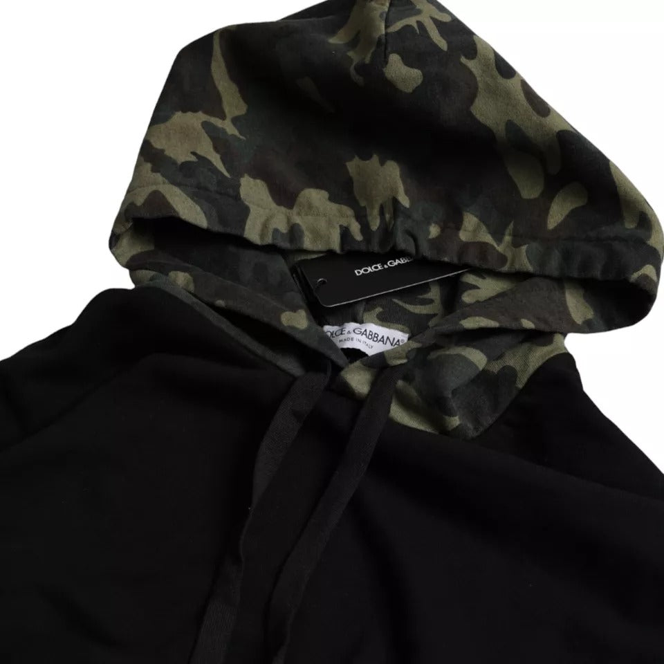 Sweat à capuche camouflage noir de Dolce & Gabbana, pull-over décontracté avec logo de luxe, vue de face.