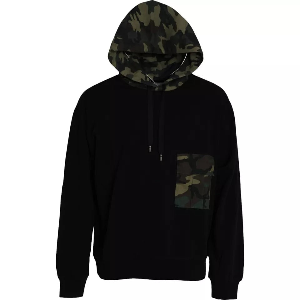 Sweat à capuche noir camouflage de Dolce & Gabbana, pull-over décontracté avec capuche, style moderne et tendance.